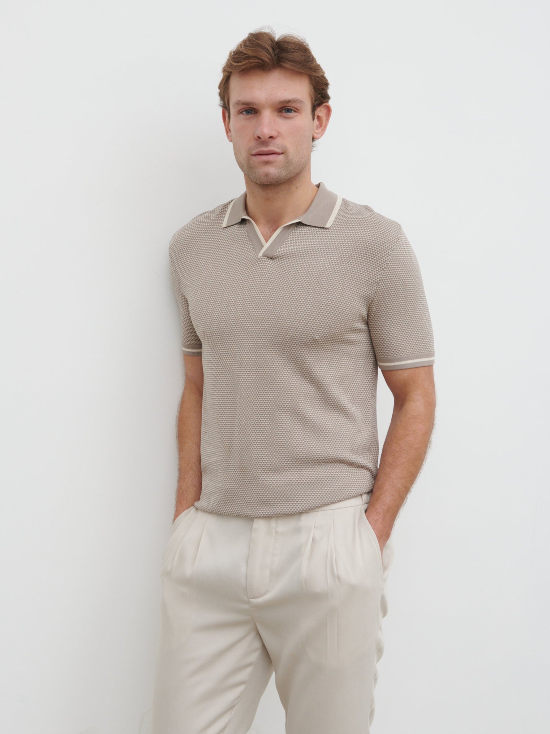 Jeremiah Knit Polo - Stone and Cream