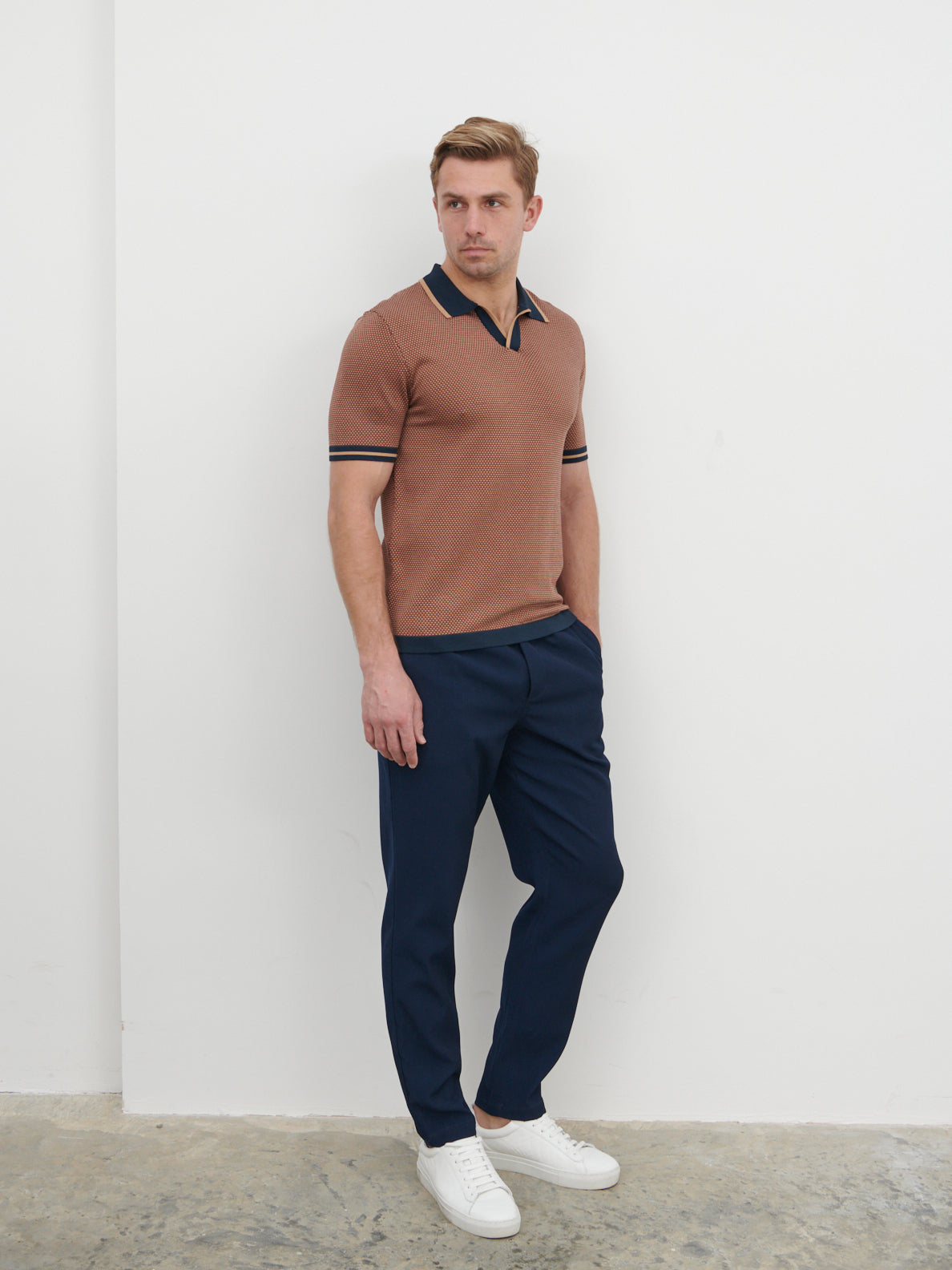 Jeremiah Knit Polo - Navy and Tan