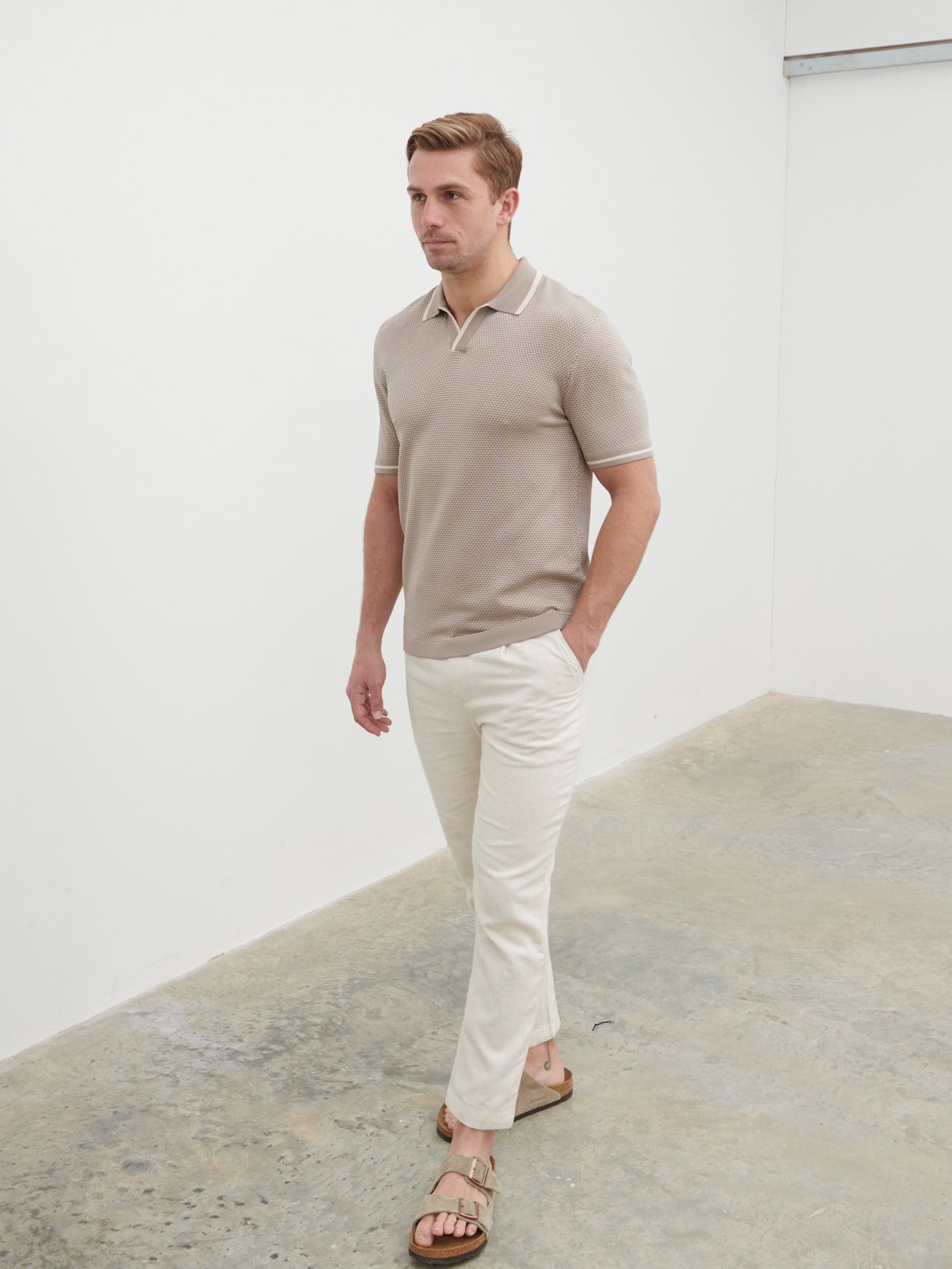 Jeremiah Knit Polo - Stone and Cream