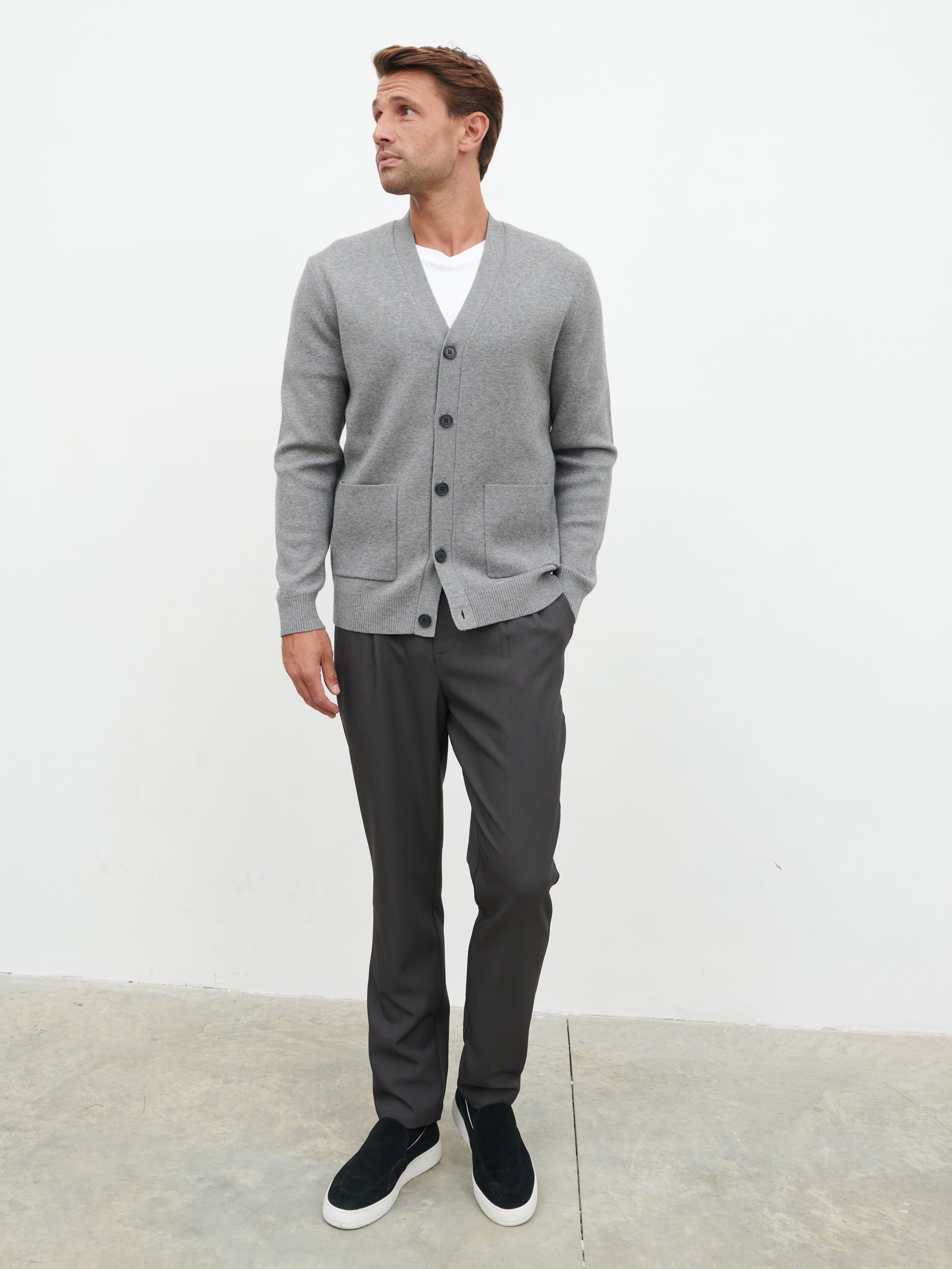 Kian Collarless Pocket Knit Cardigan - Charcoal