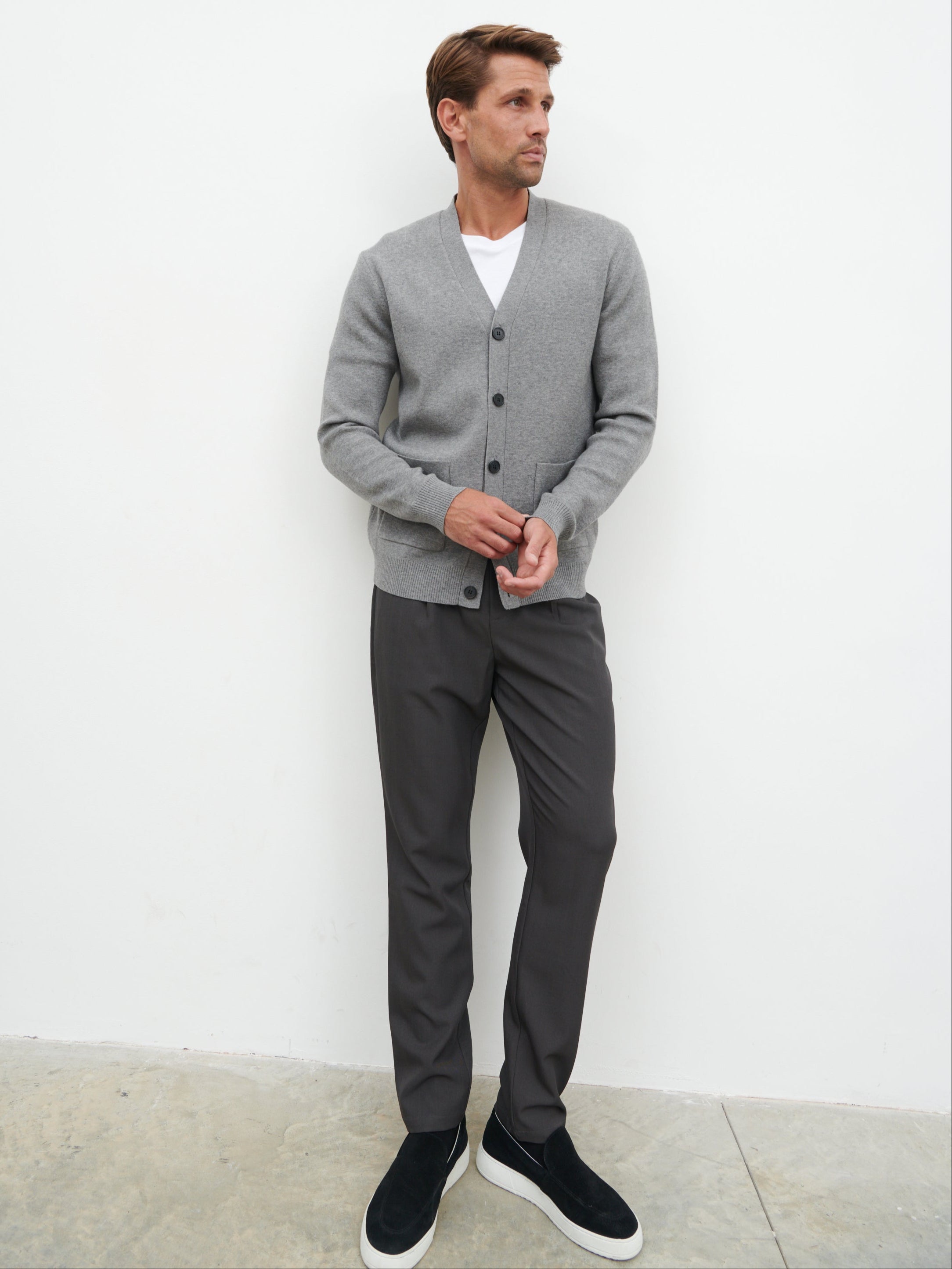 Kian Collarless Pocket Knit Cardigan - Charcoal