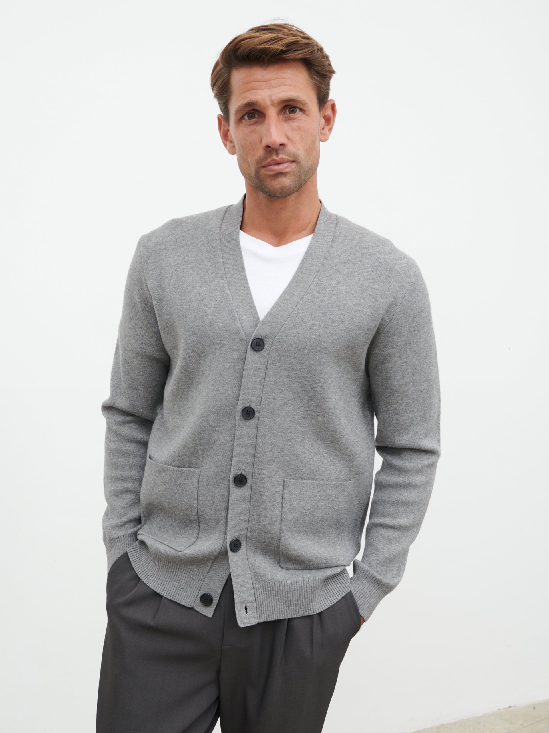 Kian Collarless Pocket Knit Cardigan - Charcoal
