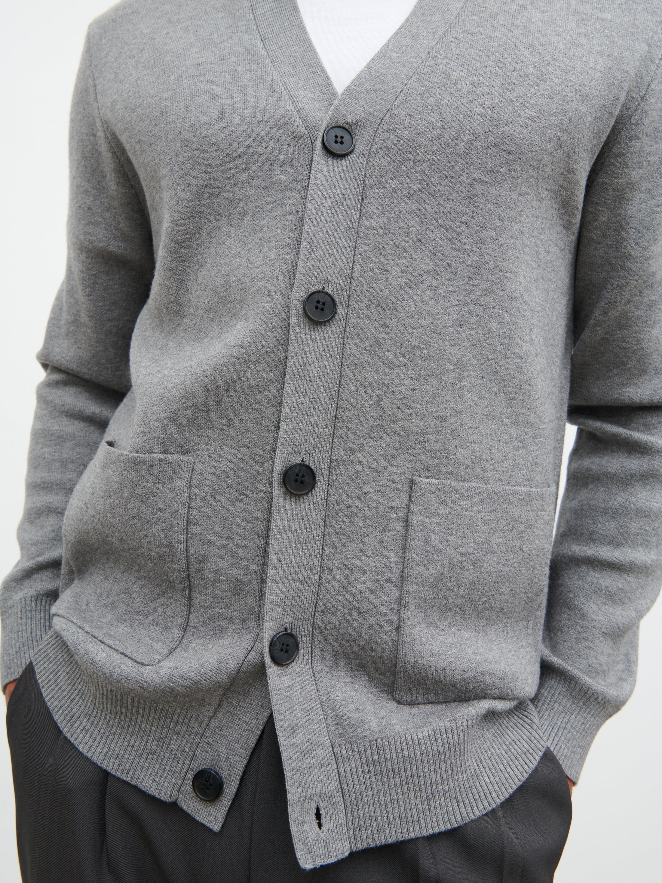 Kian Collarless Pocket Knit Cardigan - Charcoal