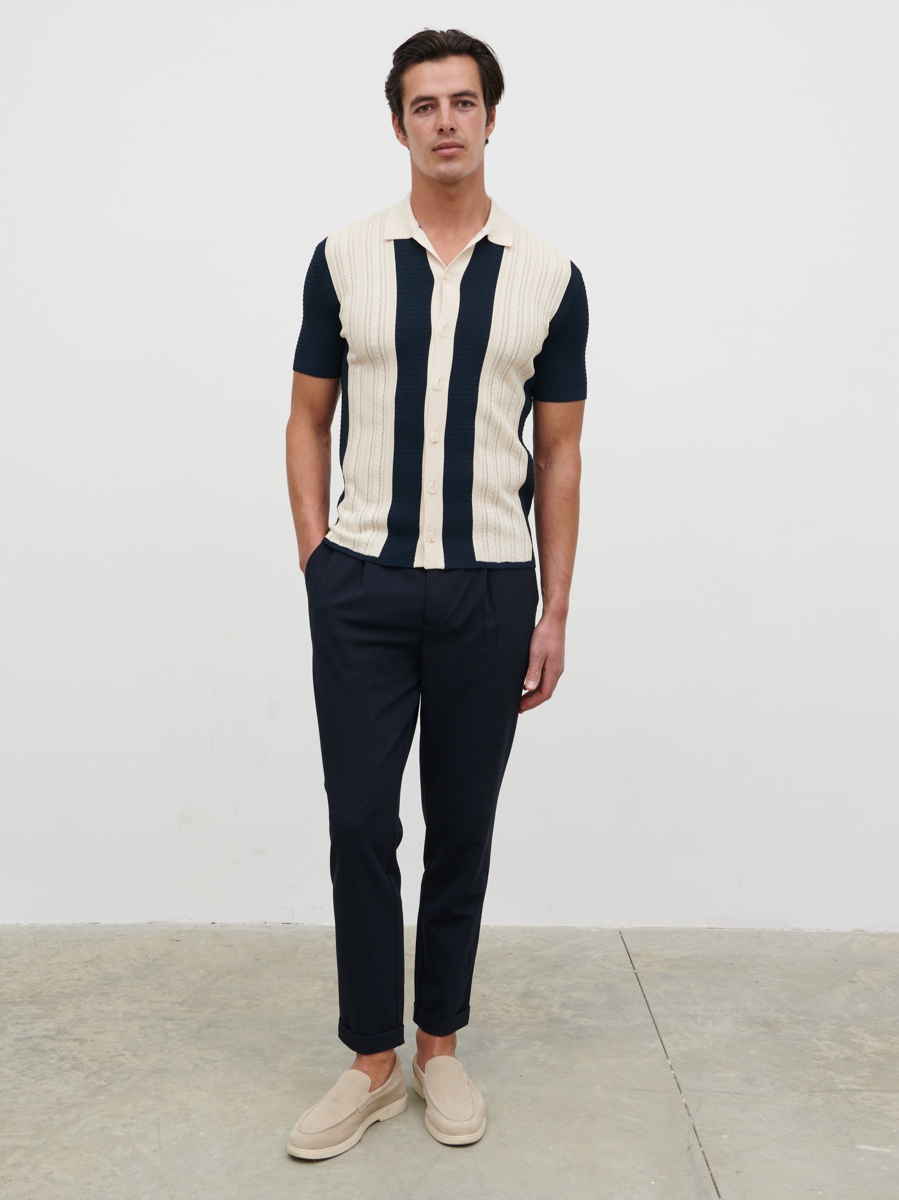 Kyle Contrast Stripe Button Down Knitted Shirt - Navy & Cream
