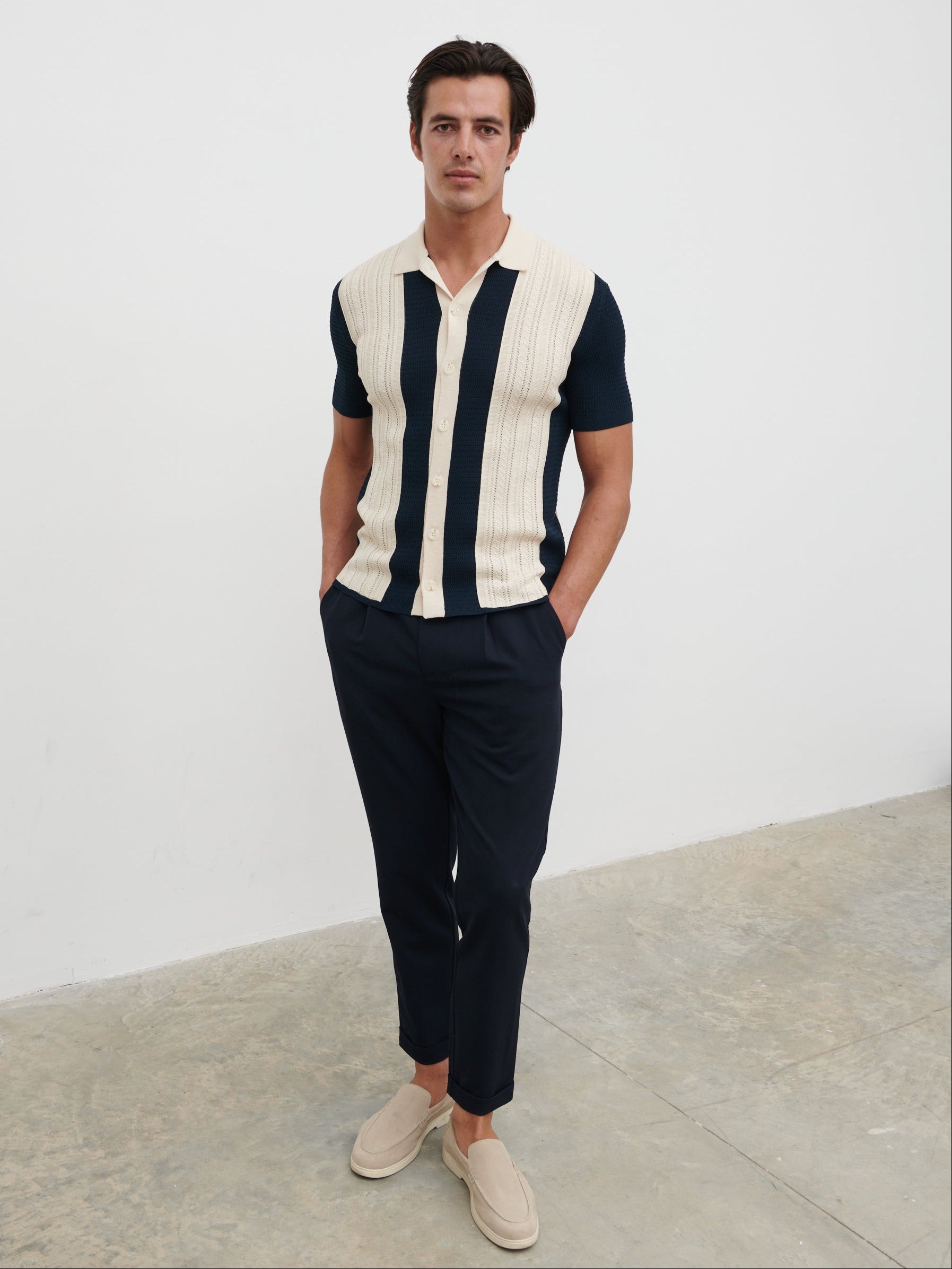 Kyle Contrast Stripe Button Down Knitted Shirt - Navy & Cream