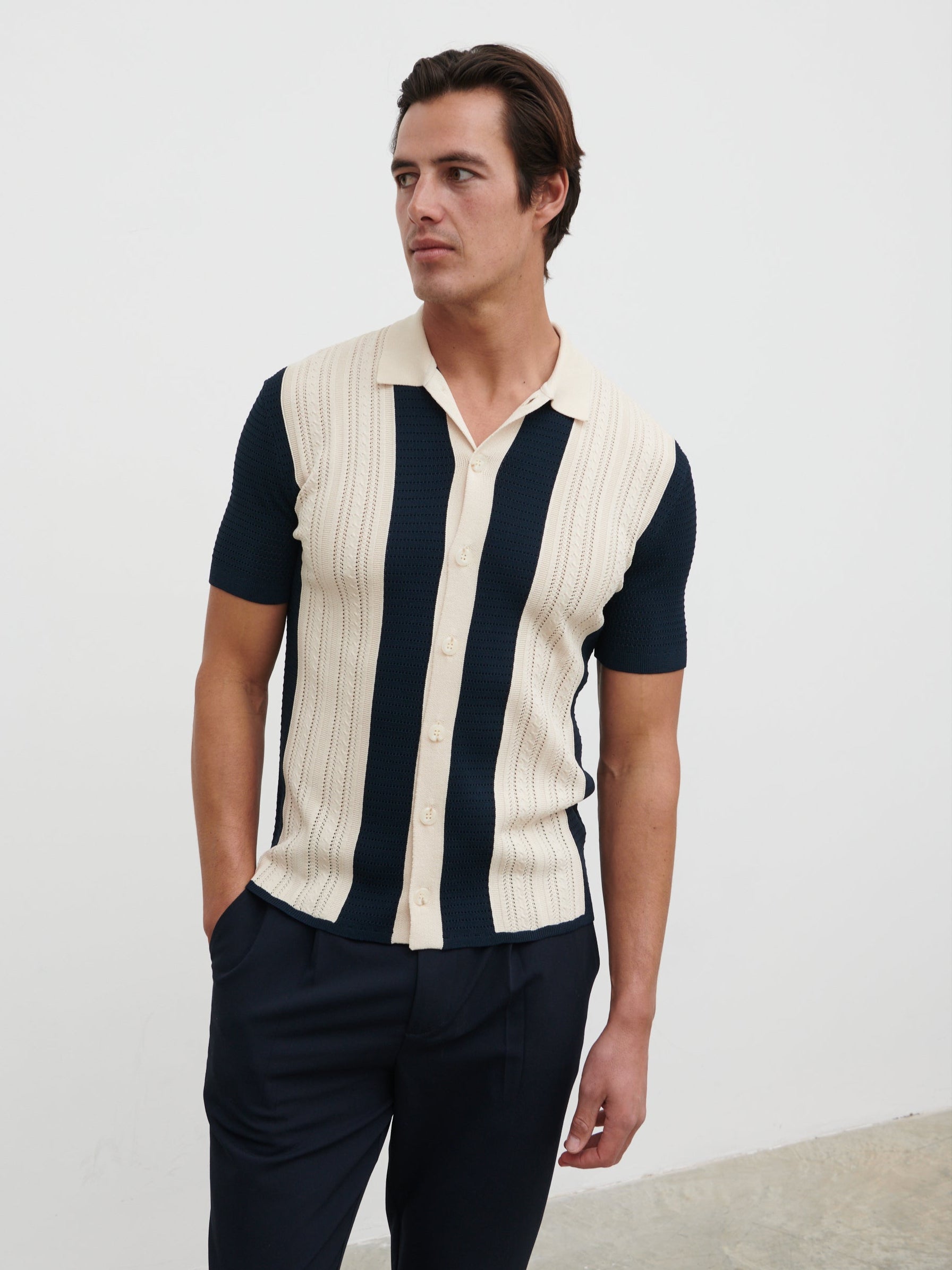 Kyle Contrast Stripe Button Down Knitted Shirt - Navy & Cream