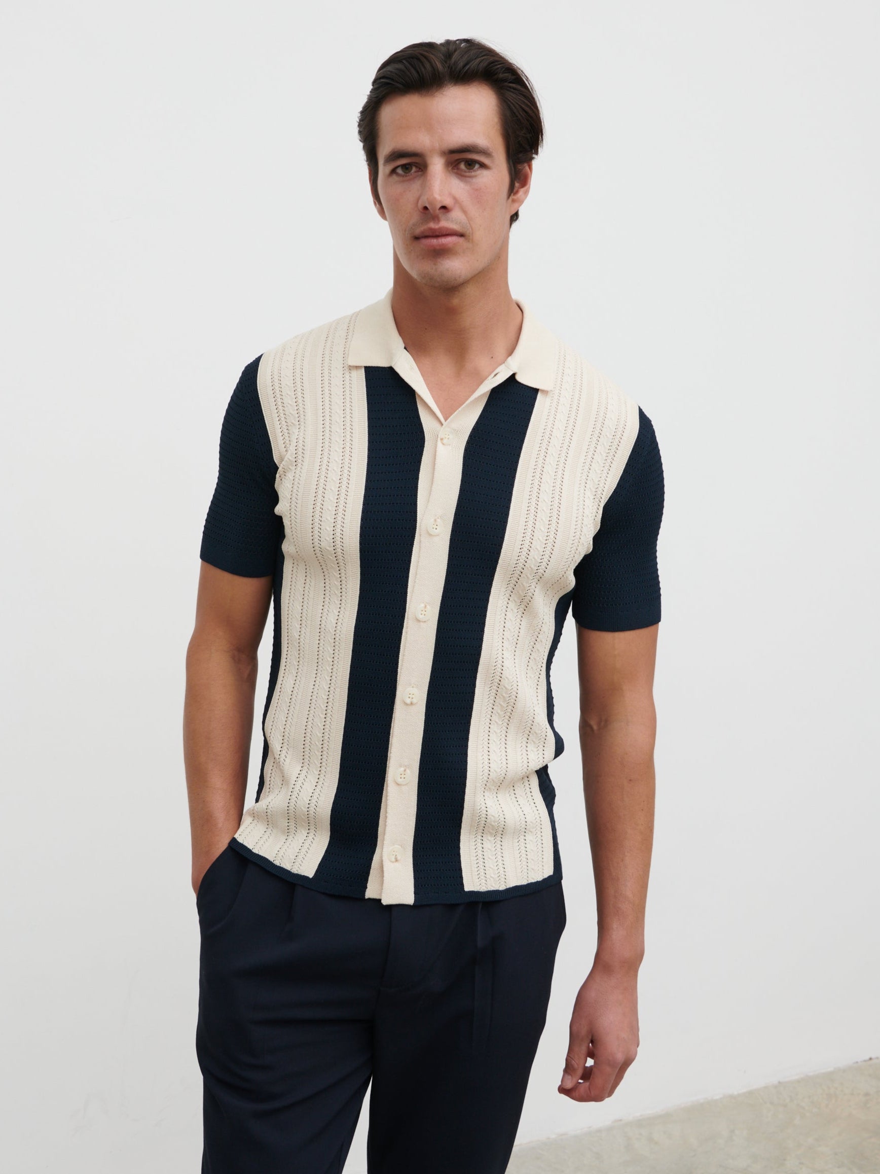 Kyle Contrast Stripe Button Down Knitted Shirt - Navy & Cream