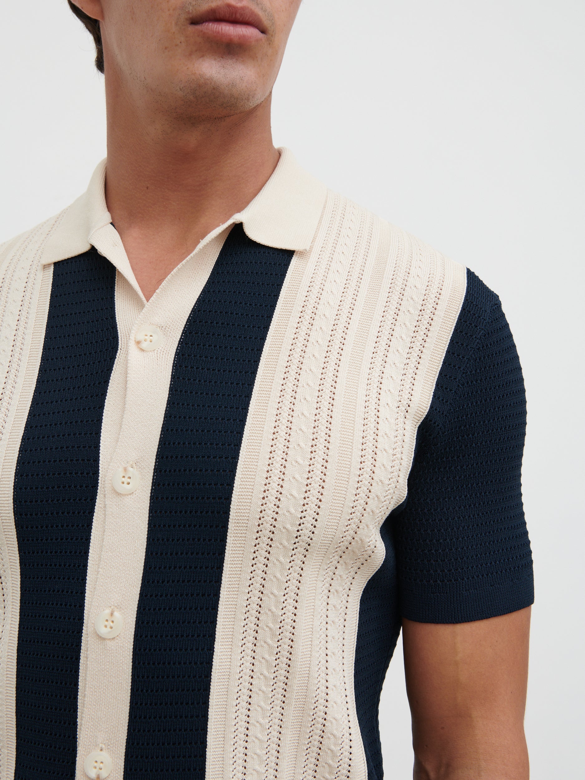 Kyle Contrast Stripe Button Down Knitted Shirt - Navy & Cream