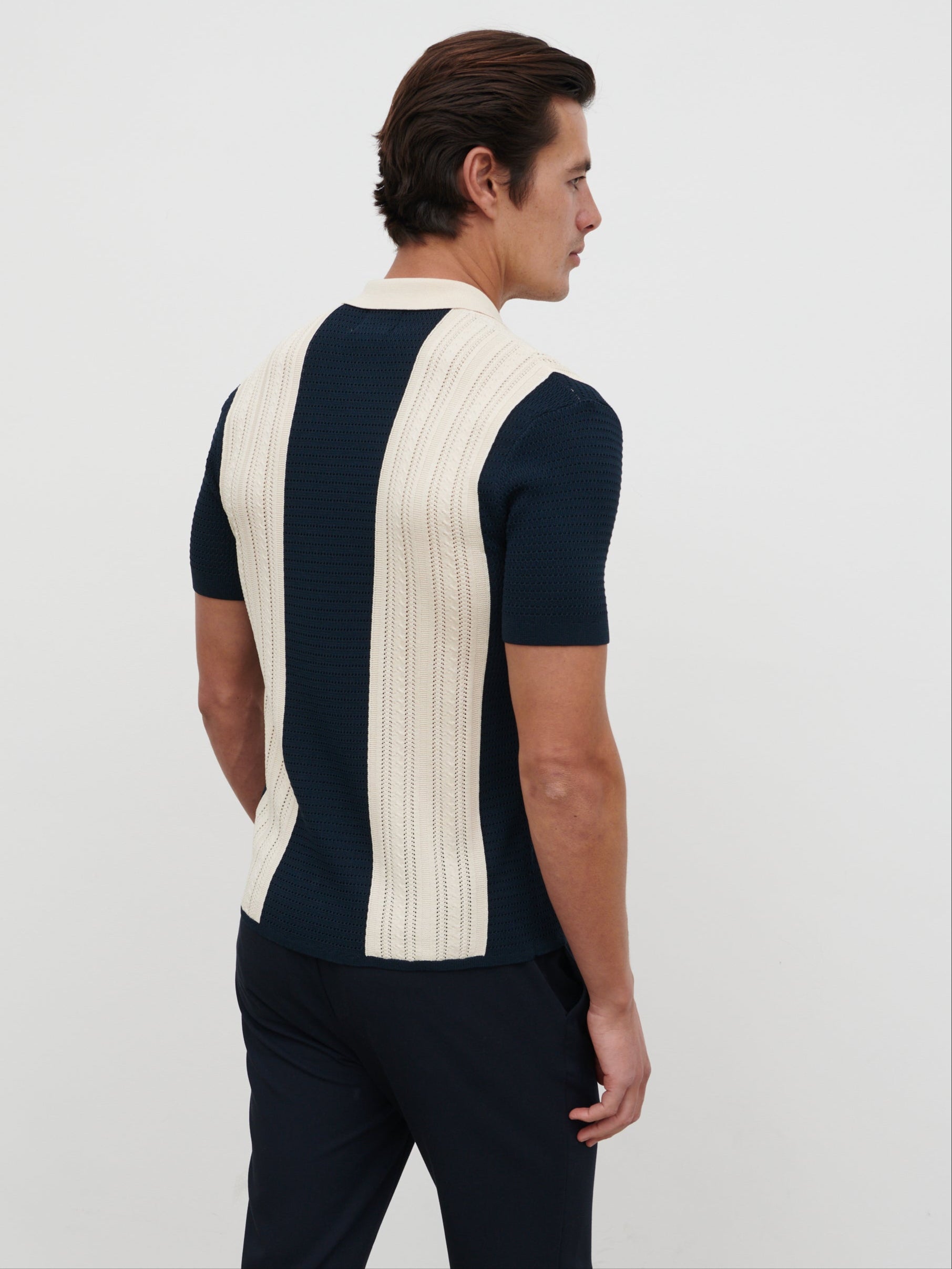 Kyle Contrast Stripe Button Down Knitted Shirt - Navy & Cream