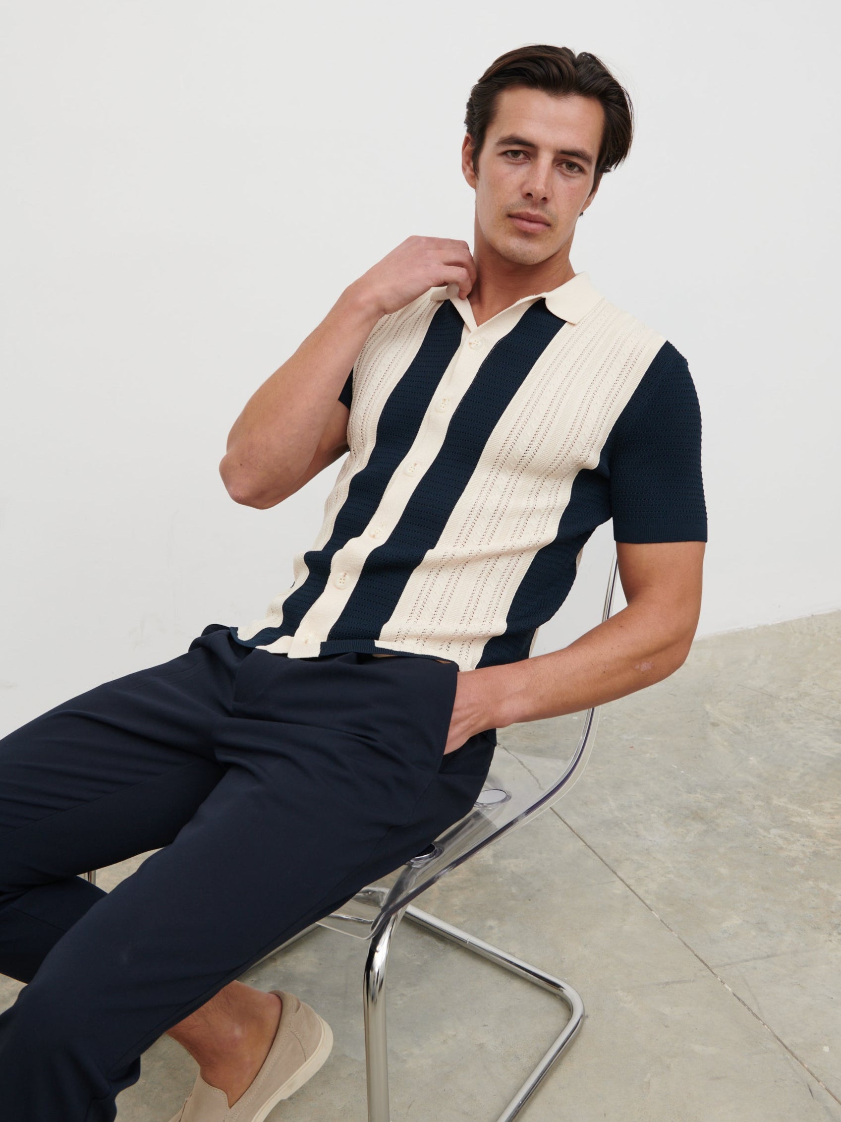 Kyle Contrast Stripe Button Down Knitted Shirt - Navy & Cream