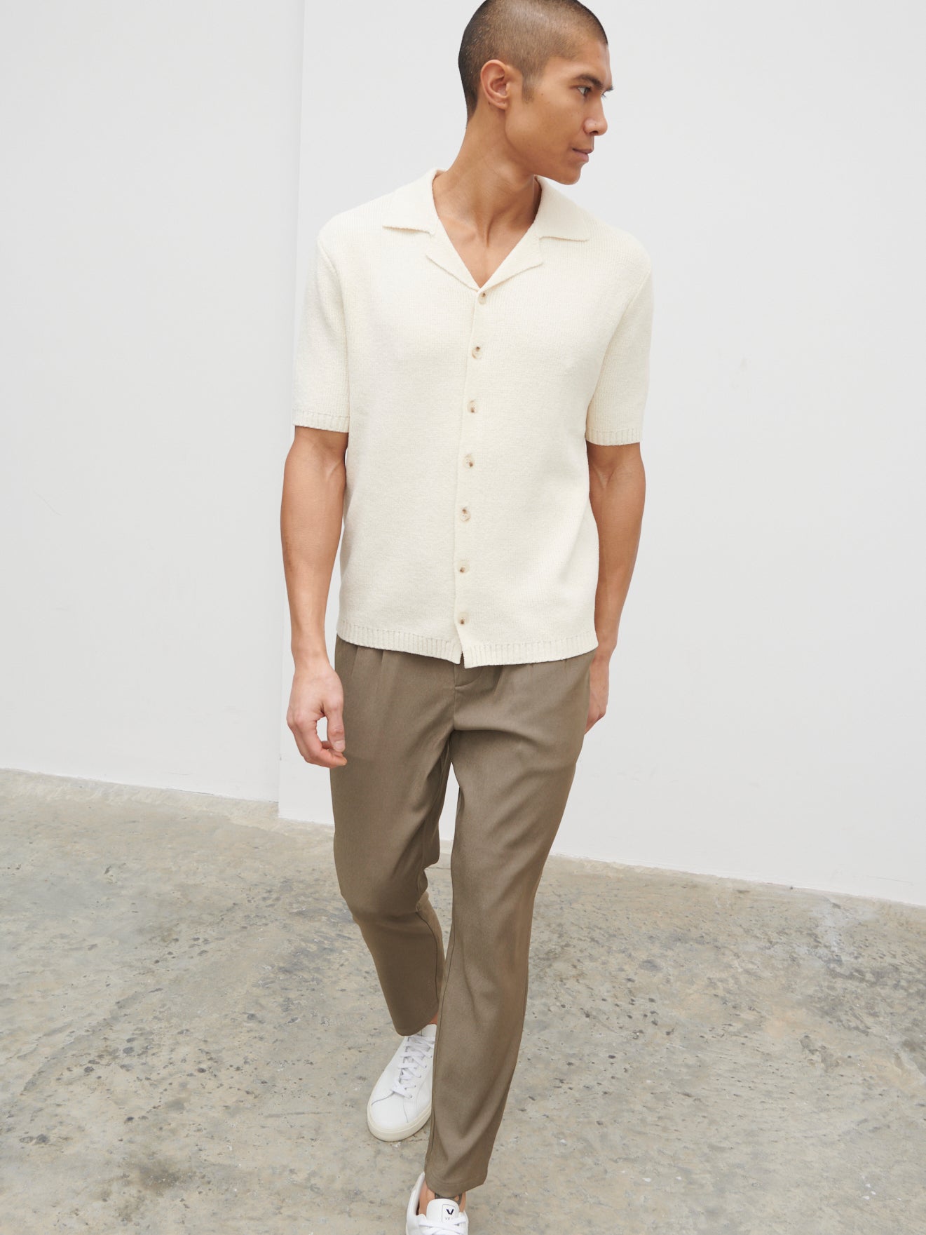 Liam Short Sleeve Textured Knit Shirt - Cream