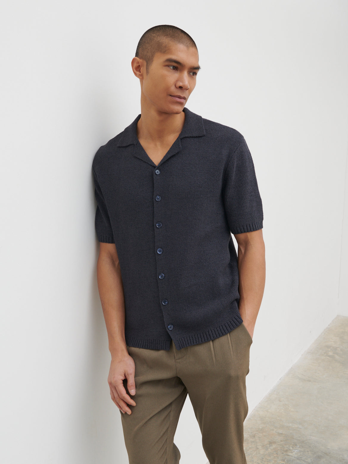 Liam Short Sleeve Textured Knit Shirt - Navy