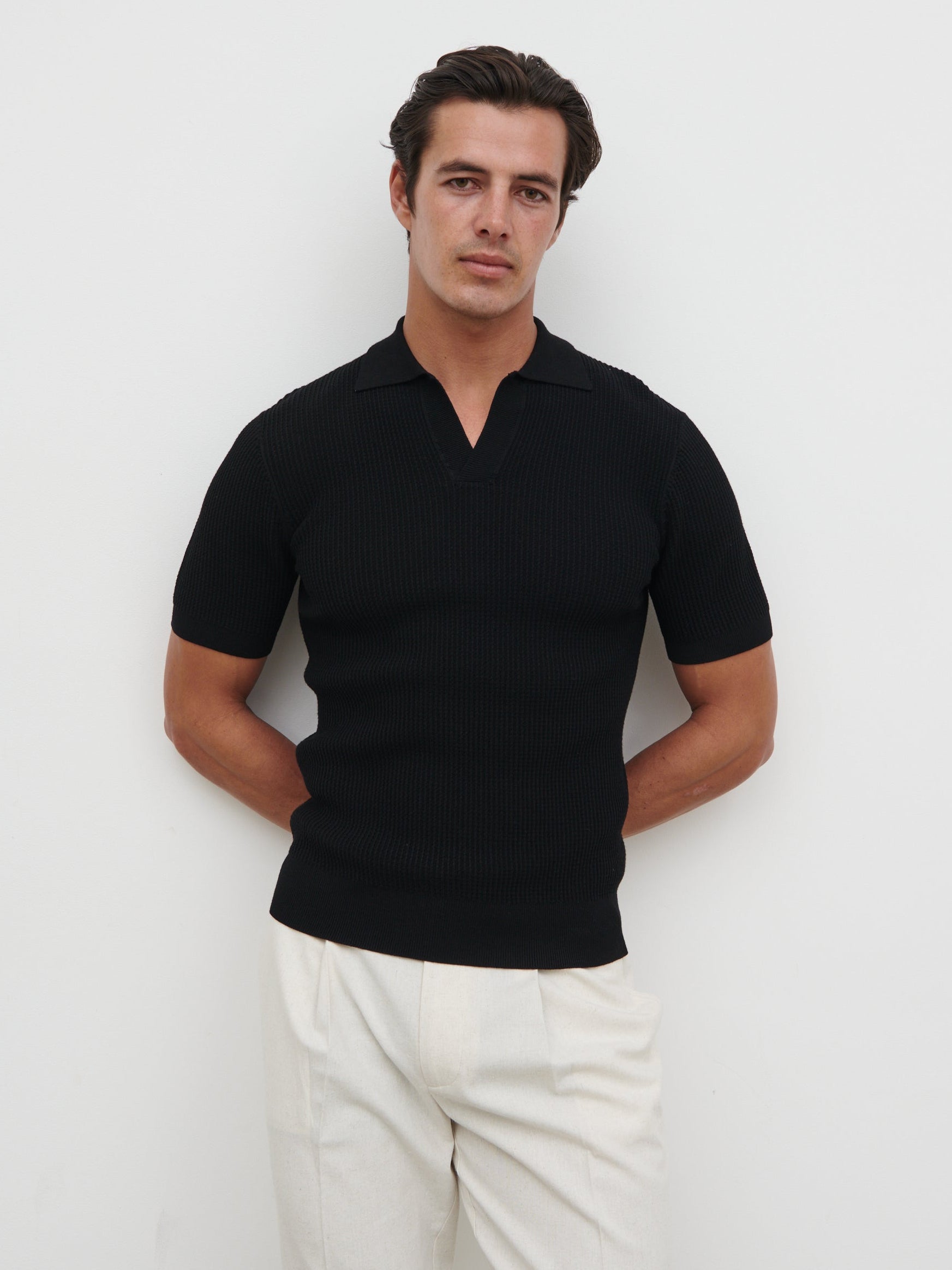Luka Openwork Knit Polo - Black