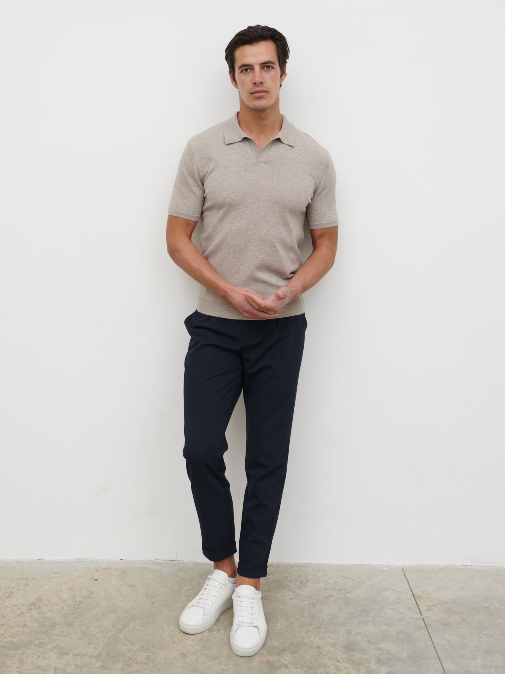 Matthew Open Collar Lightweight Knit Polo - Mushroom