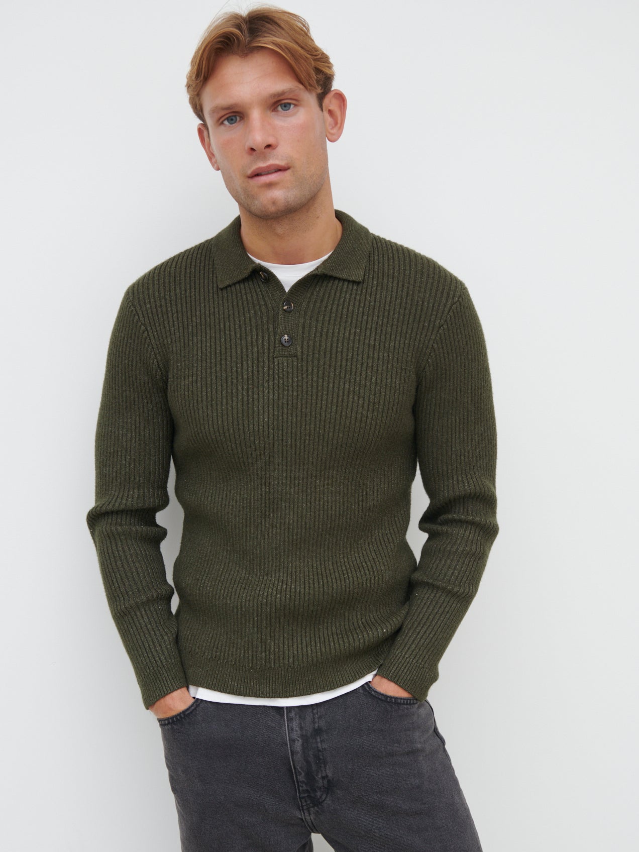 Maxwell Ribbed Knit Long Sleeve Polo Khaki Grey – Nobl