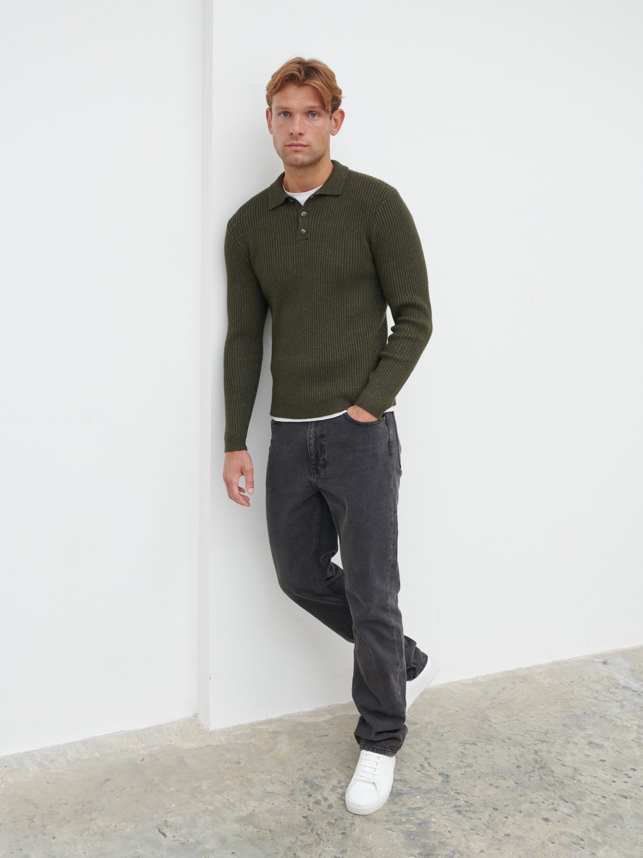 Maxwell Ribbed Knit Long Sleeve Polo - Khaki Grey