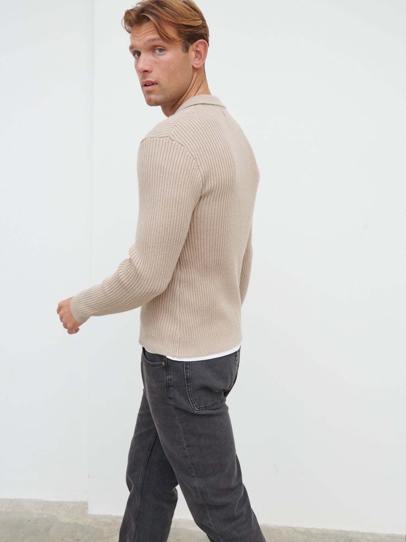 Maxwell Ribbed Knit Long Sleeve Polo - Beige Marl