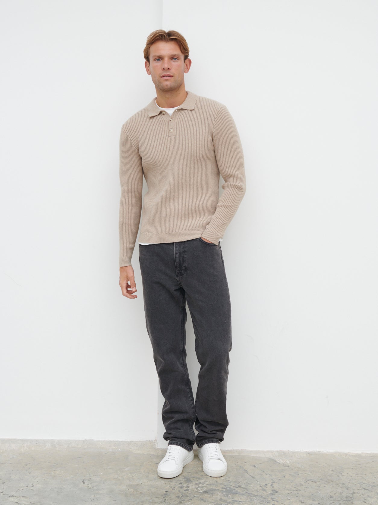 Maxwell Ribbed Knit Long Sleeve Polo - Beige Marl