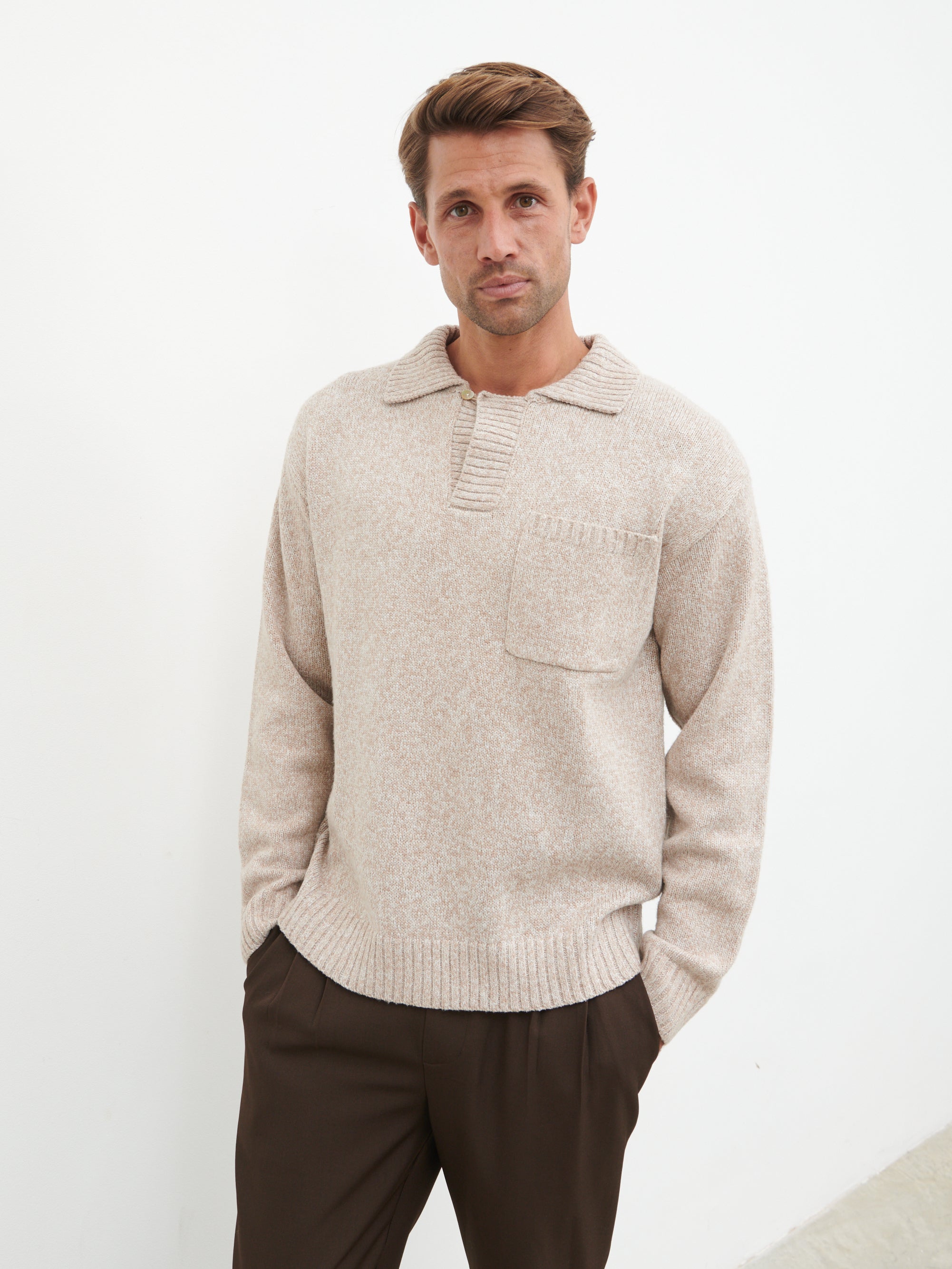 Maynard Pocket Detail Knit Jumper - Light Beige Marl