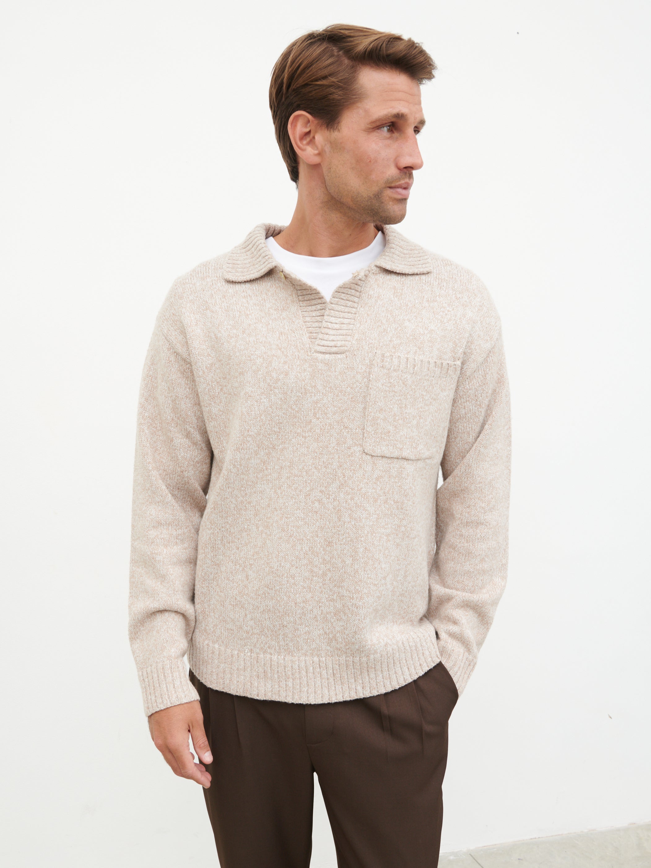Maynard Pocket Detail Knit Jumper - Light Beige Marl