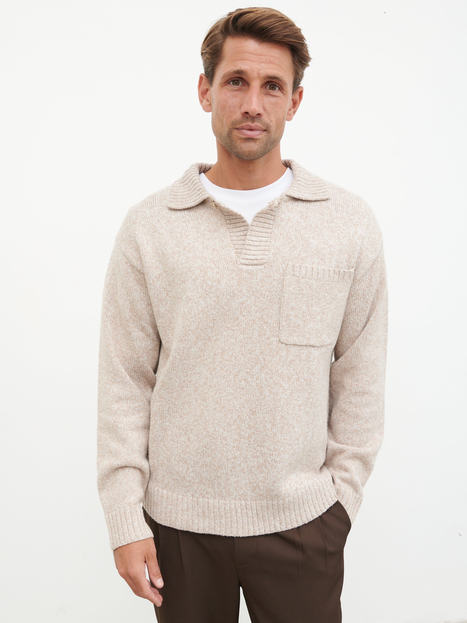 Maynard Pocket Detail Knit Jumper - Light Beige Marl
