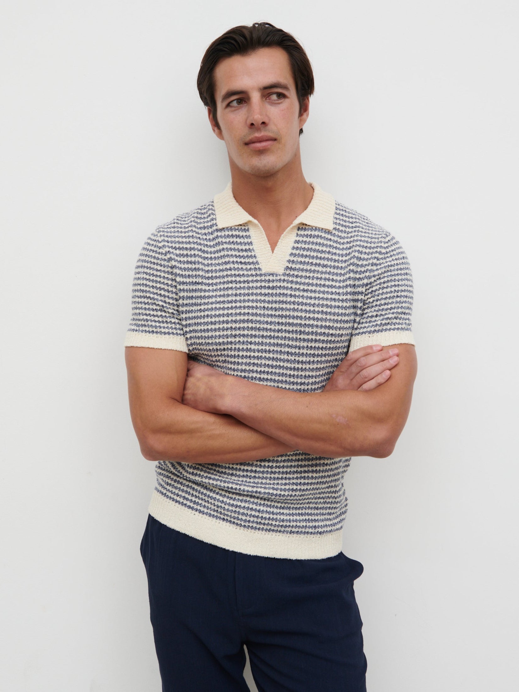 Myles Stripe Crochet Knit Polo - Blue & Cream