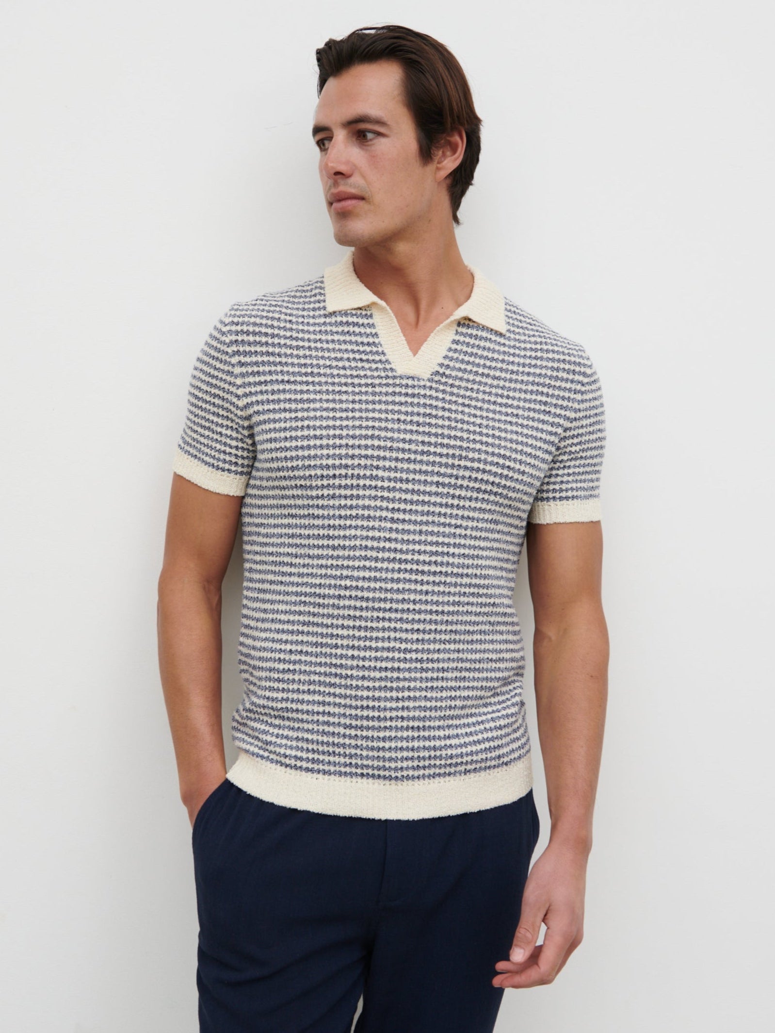 Myles Stripe Crochet Knit Polo - Blue & Cream