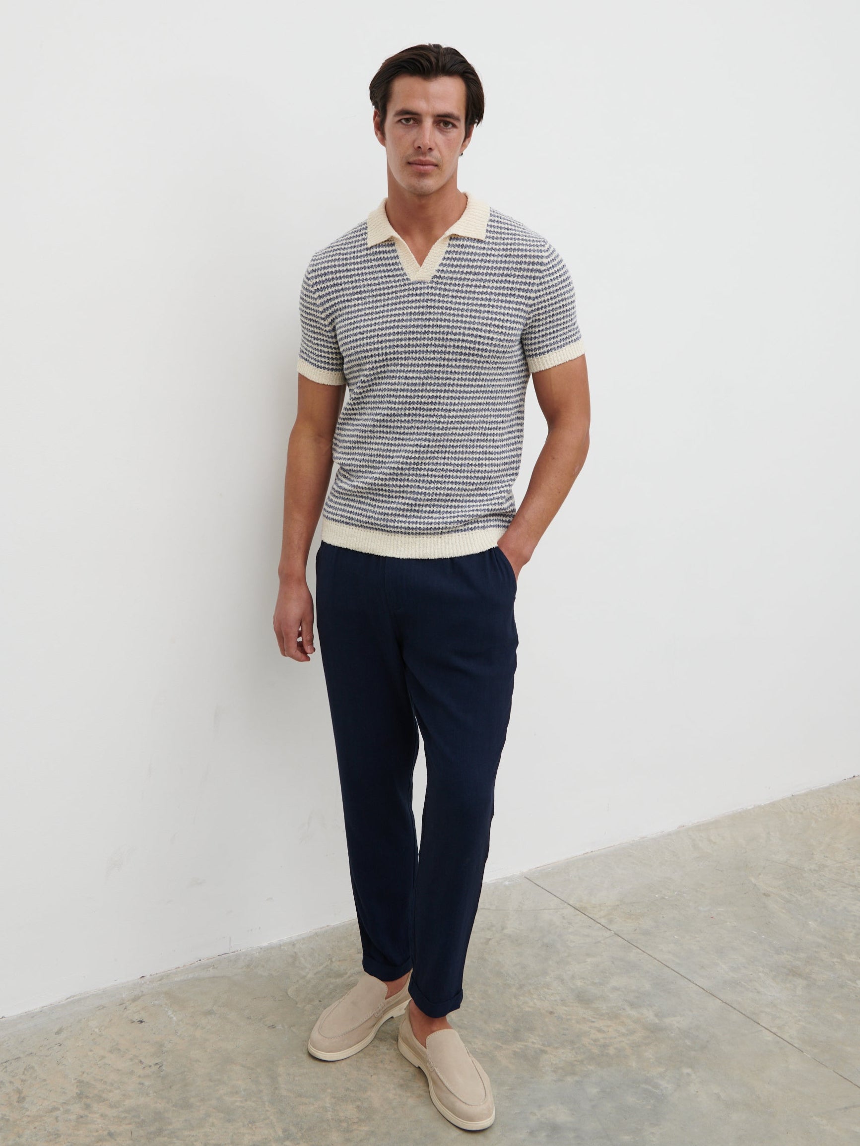 Myles Stripe Crochet Knit Polo - Blue & Cream