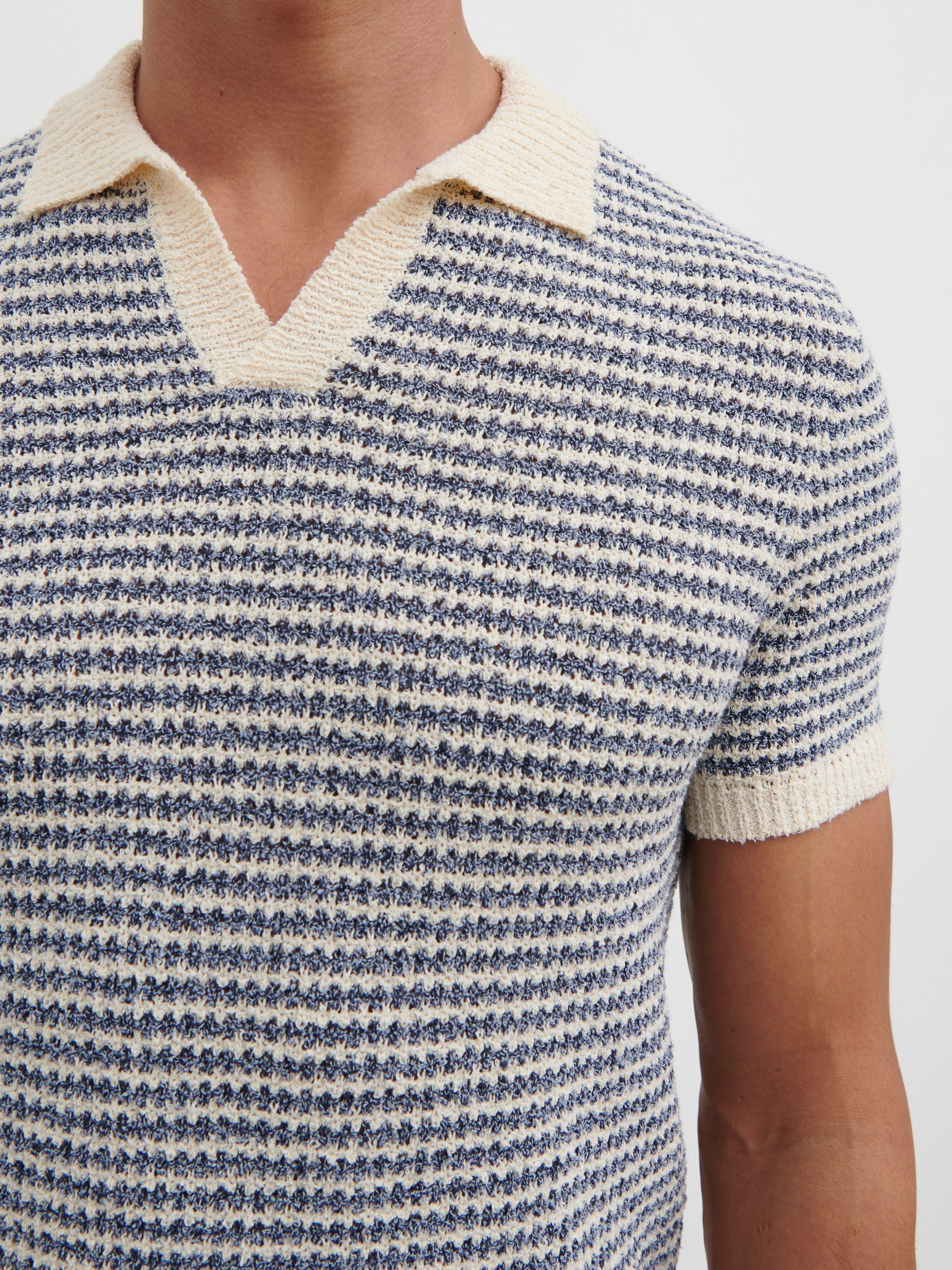Myles Stripe Crochet Knit Polo - Blue & Cream