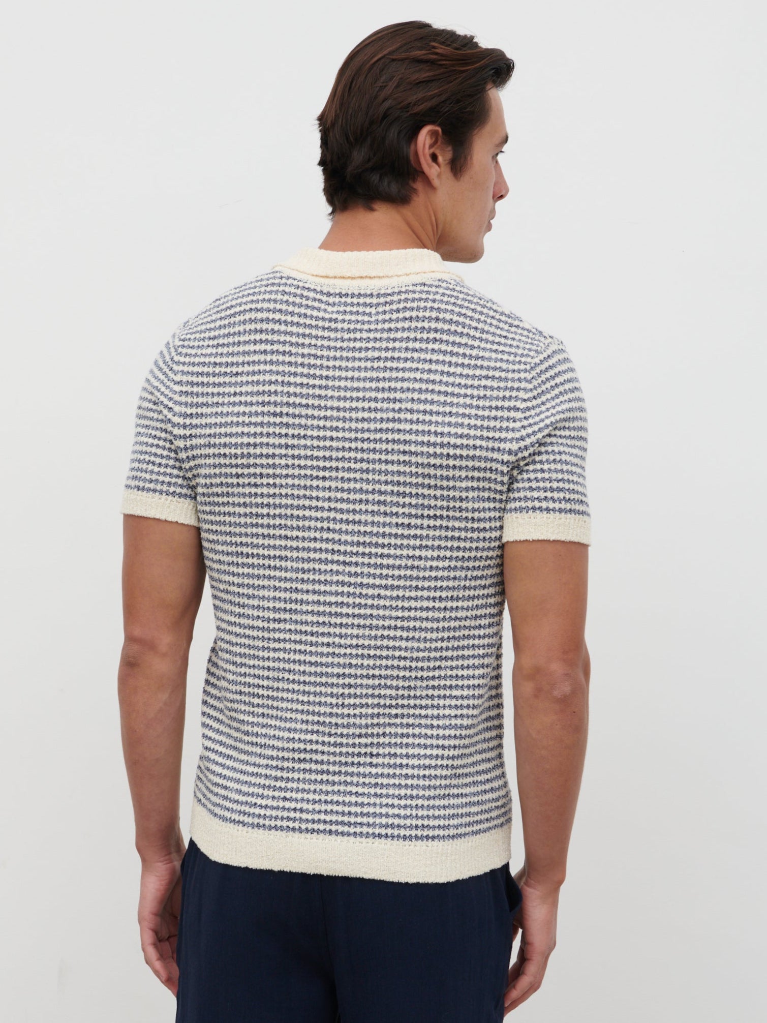 Myles Stripe Crochet Knit Polo - Blue & Cream