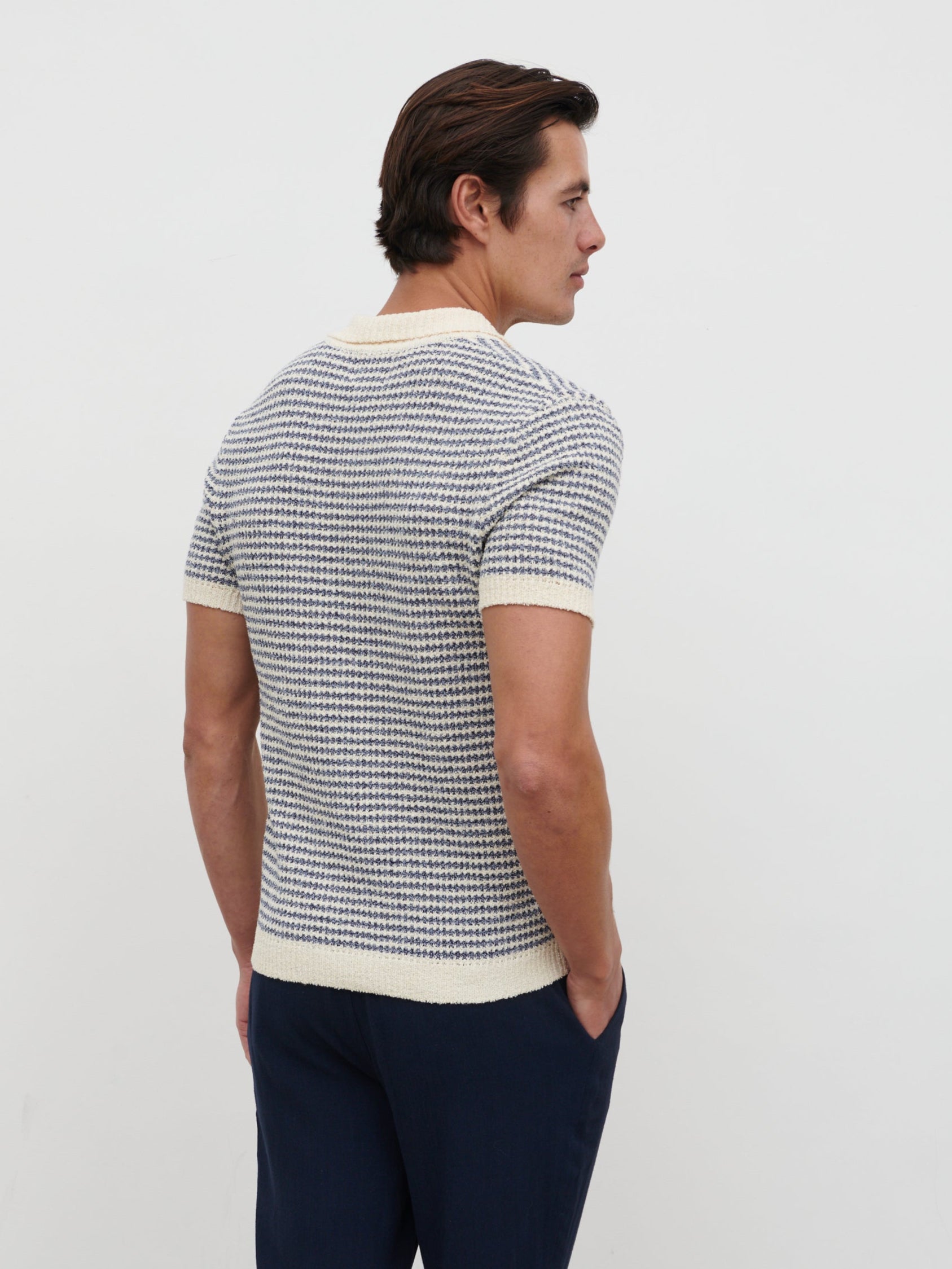 Myles Stripe Crochet Knit Polo - Blue & Cream