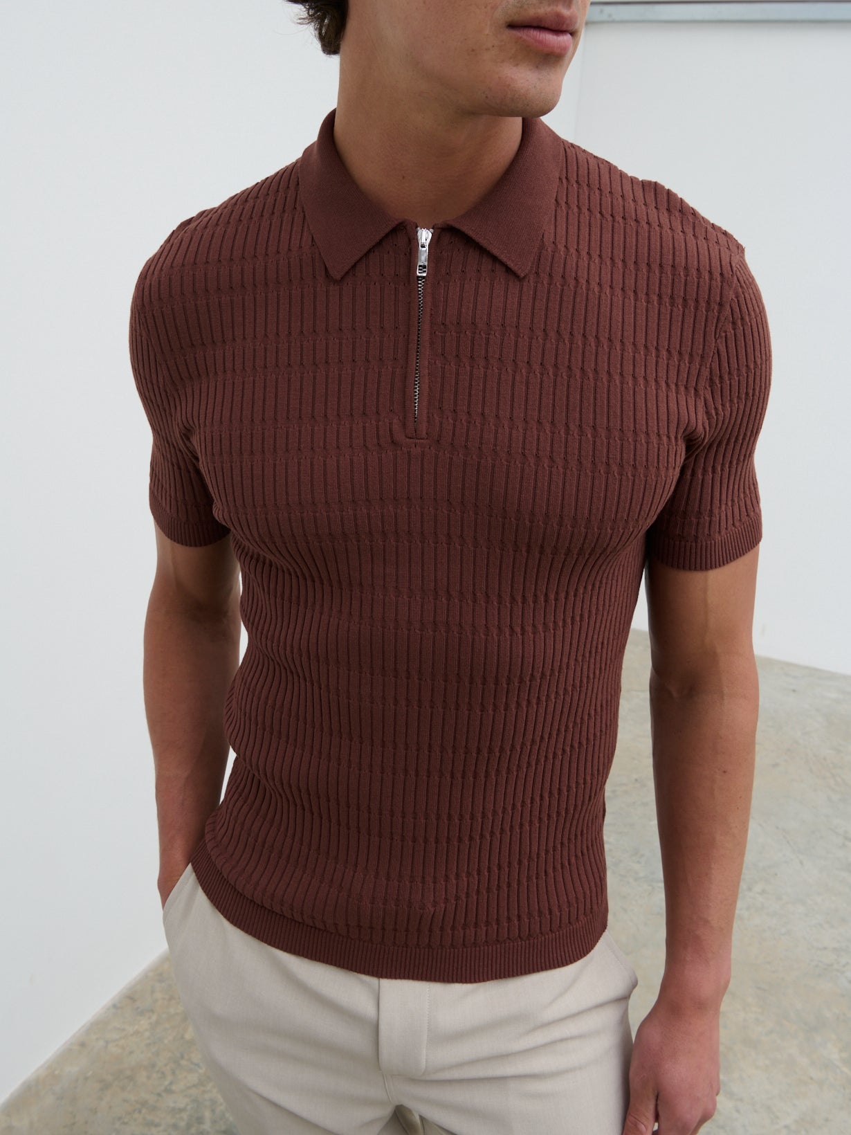 Oliver Zipped Knit Polo - Maroon