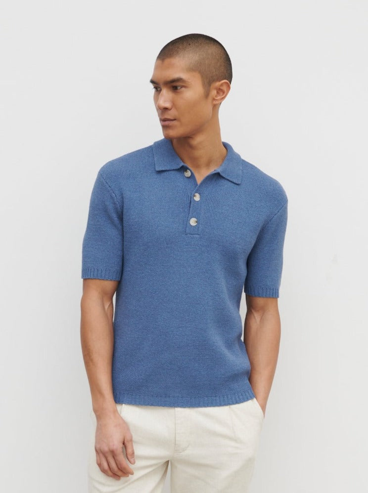 Ollie Textured Knit Button Polo - Blue