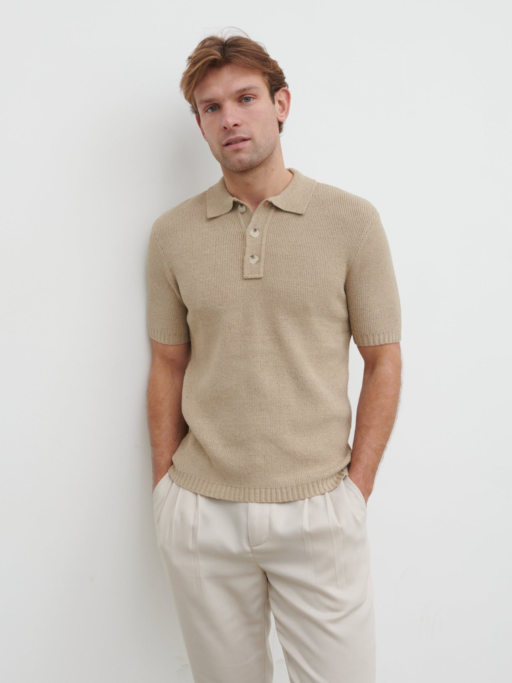 Ollie Textured Knit Button Polo - Dark Taupe