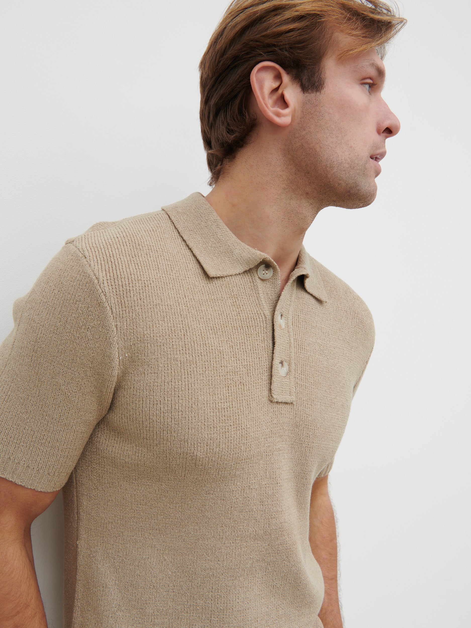 Ollie Textured Knit Button Polo - Dark Taupe