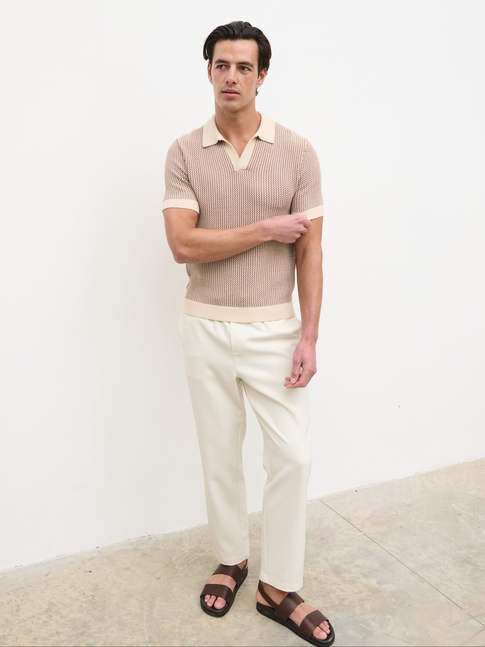 Orian Textured Stripe Knit Polo - Brown and Taupe – Nobl