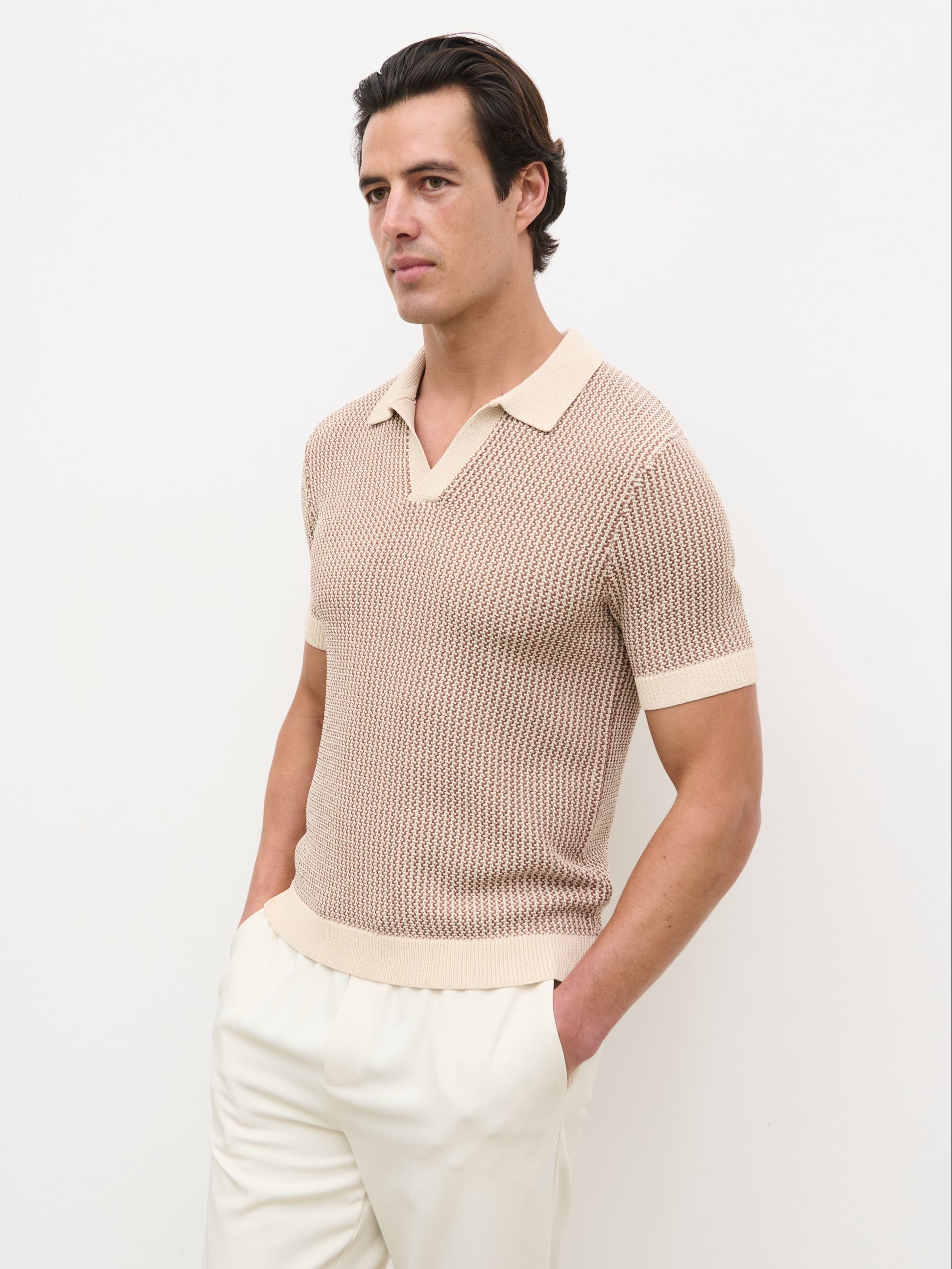Orian Textured Stripe Knit Polo - Brown and Taupe – Nobl