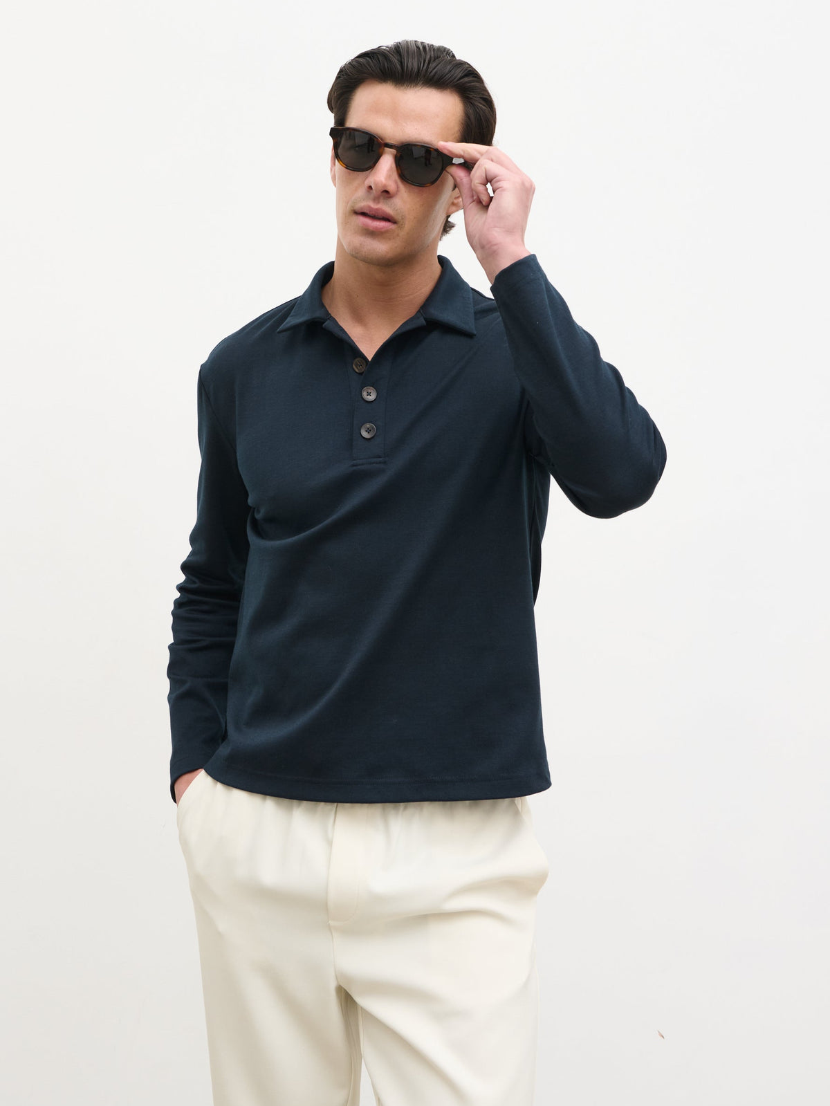 Patrick Long Sleeve Jersey Polo Top - Navy