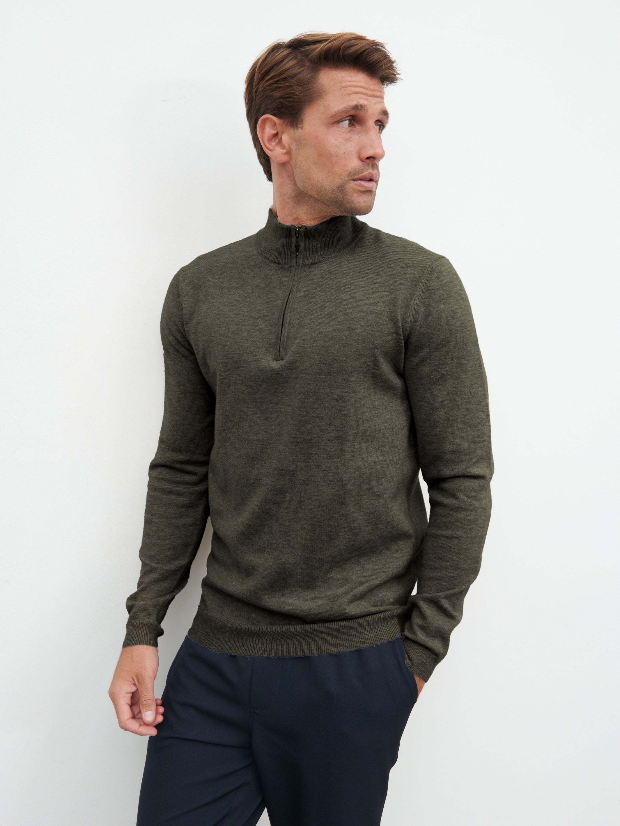 Radcliffe Quarter Zip Knit Jumper - Dark Olive