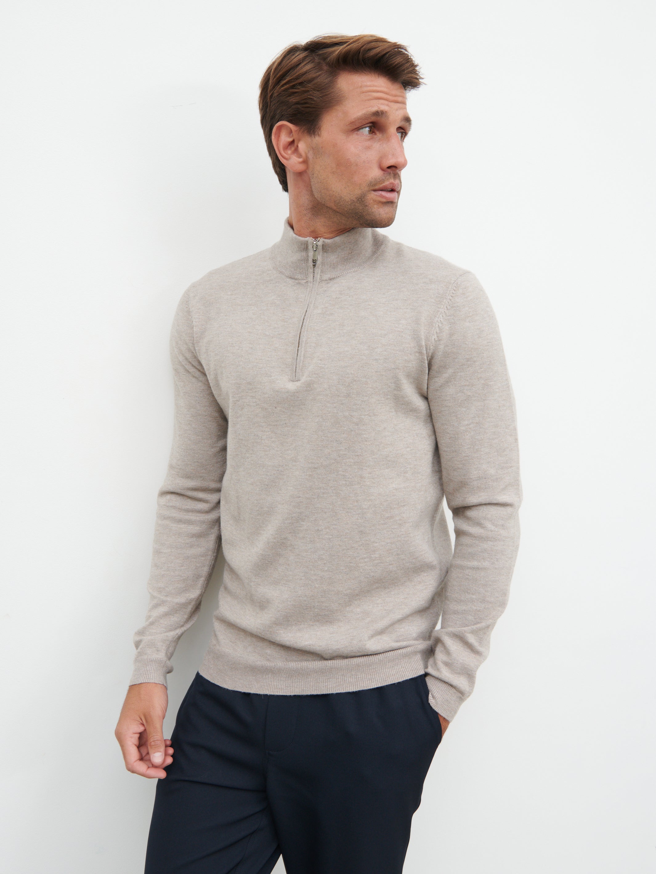 Radcliffe Quarter Zip Knit Jumper - Light Taupe