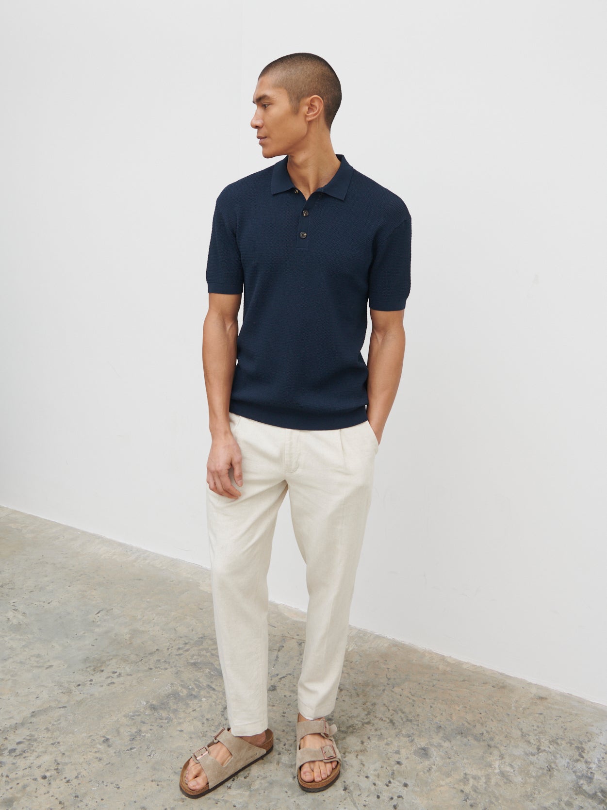 Riley Weave Knit Button Polo - Navy