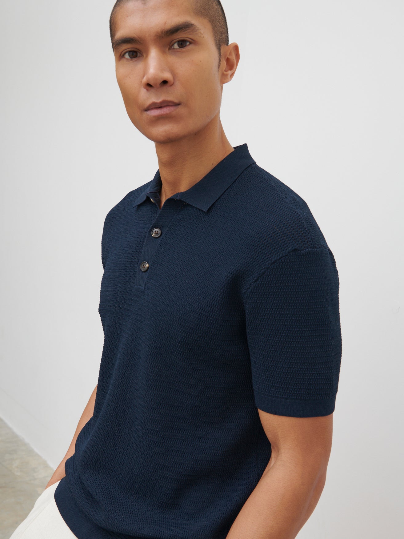 Riley Weave Knit Button Polo - Navy