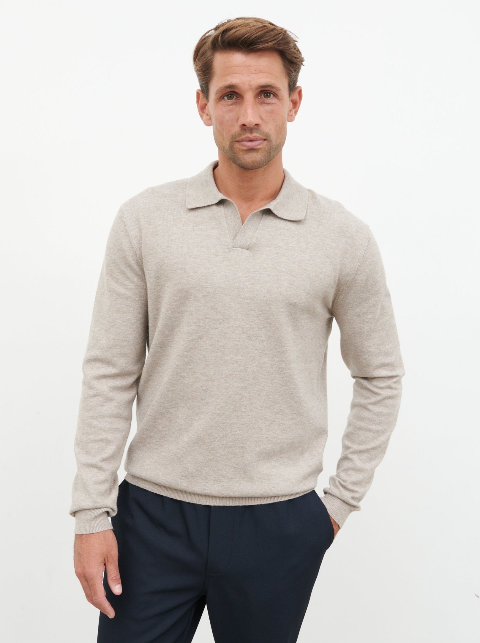 Robin Long Sleeve Lightweight Knit Polo - Taupe