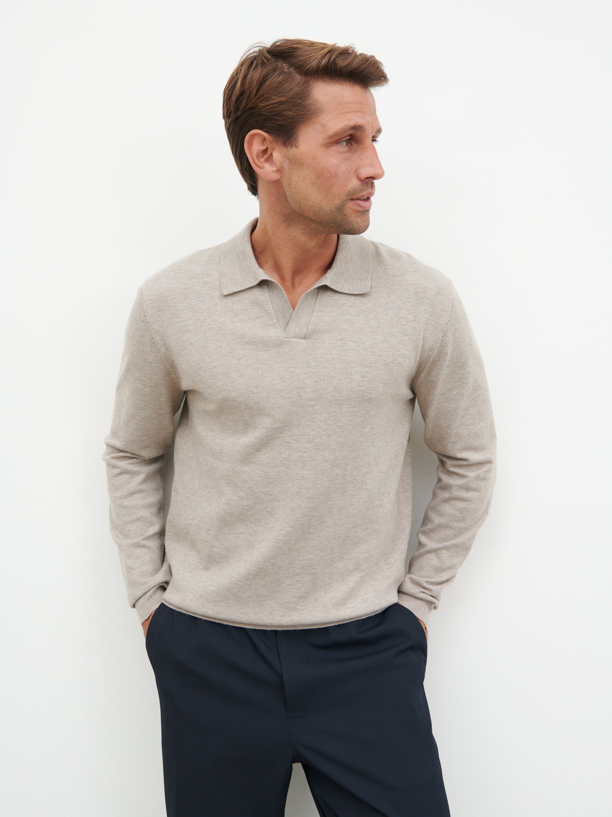 Robin Long Sleeve Lightweight Knit Polo - Taupe