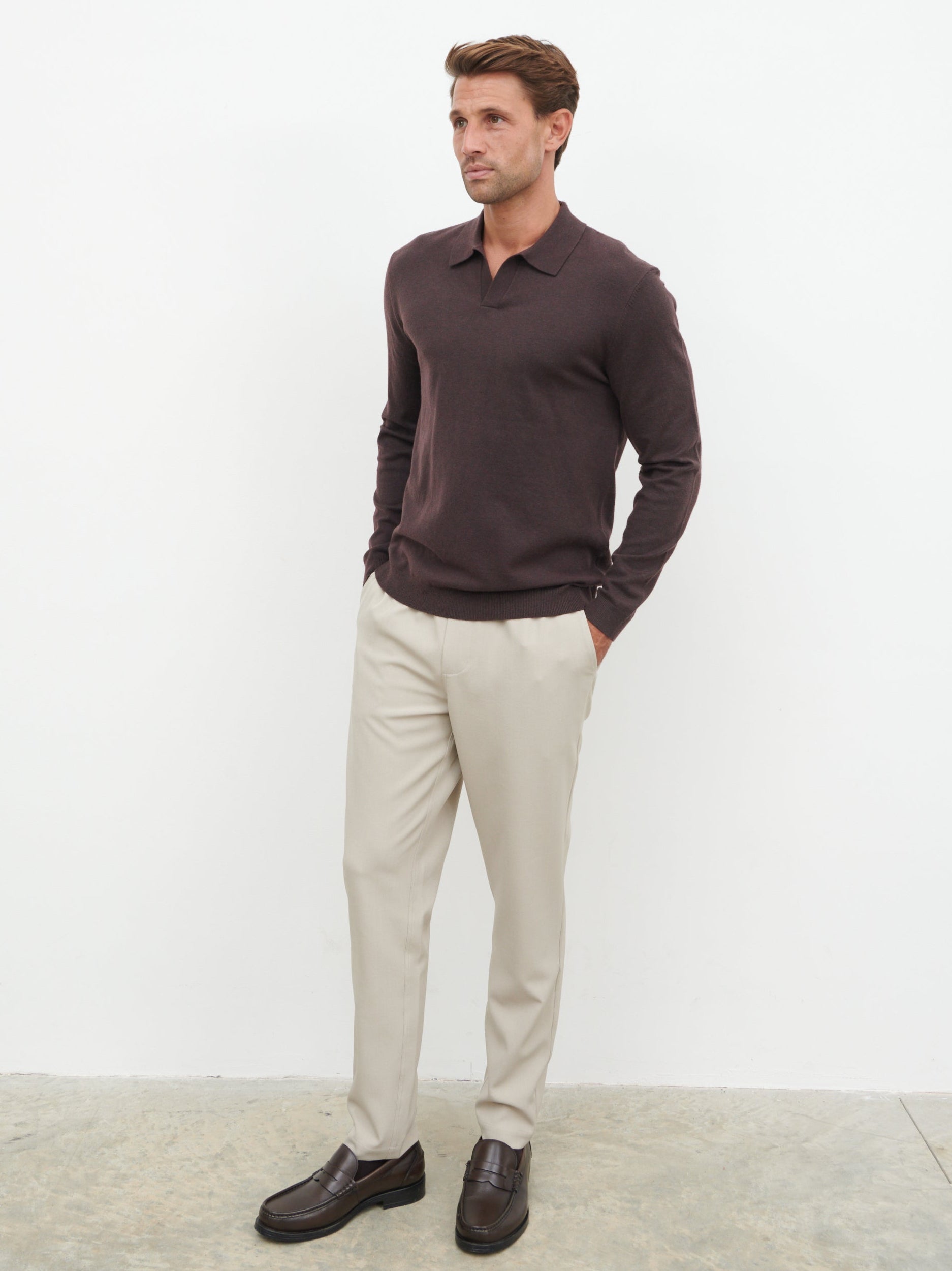 Robin Long Sleeve Lightweight Knit Polo - Chocolate