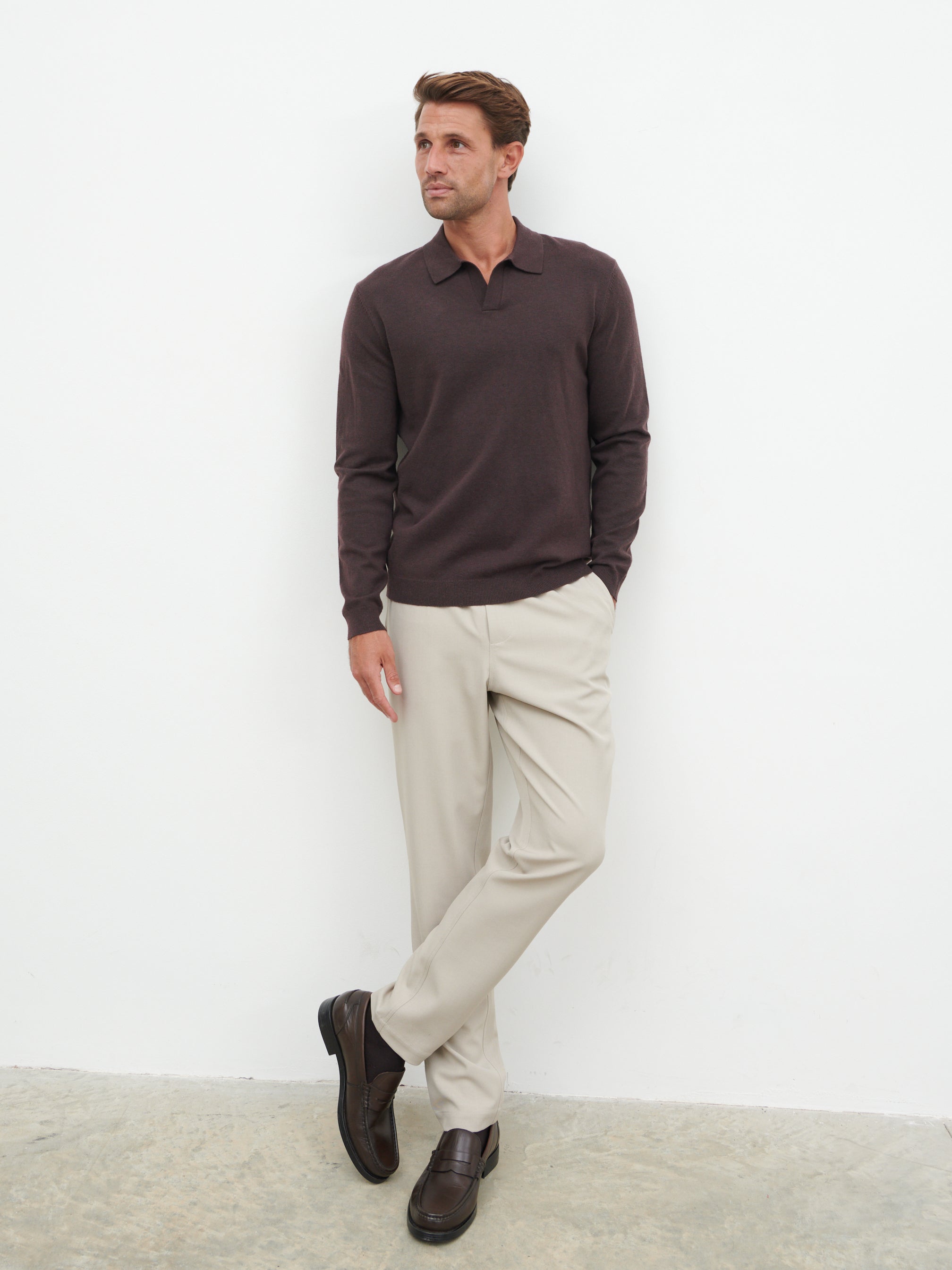 Robin Long Sleeve Lightweight Knit Polo - Chocolate