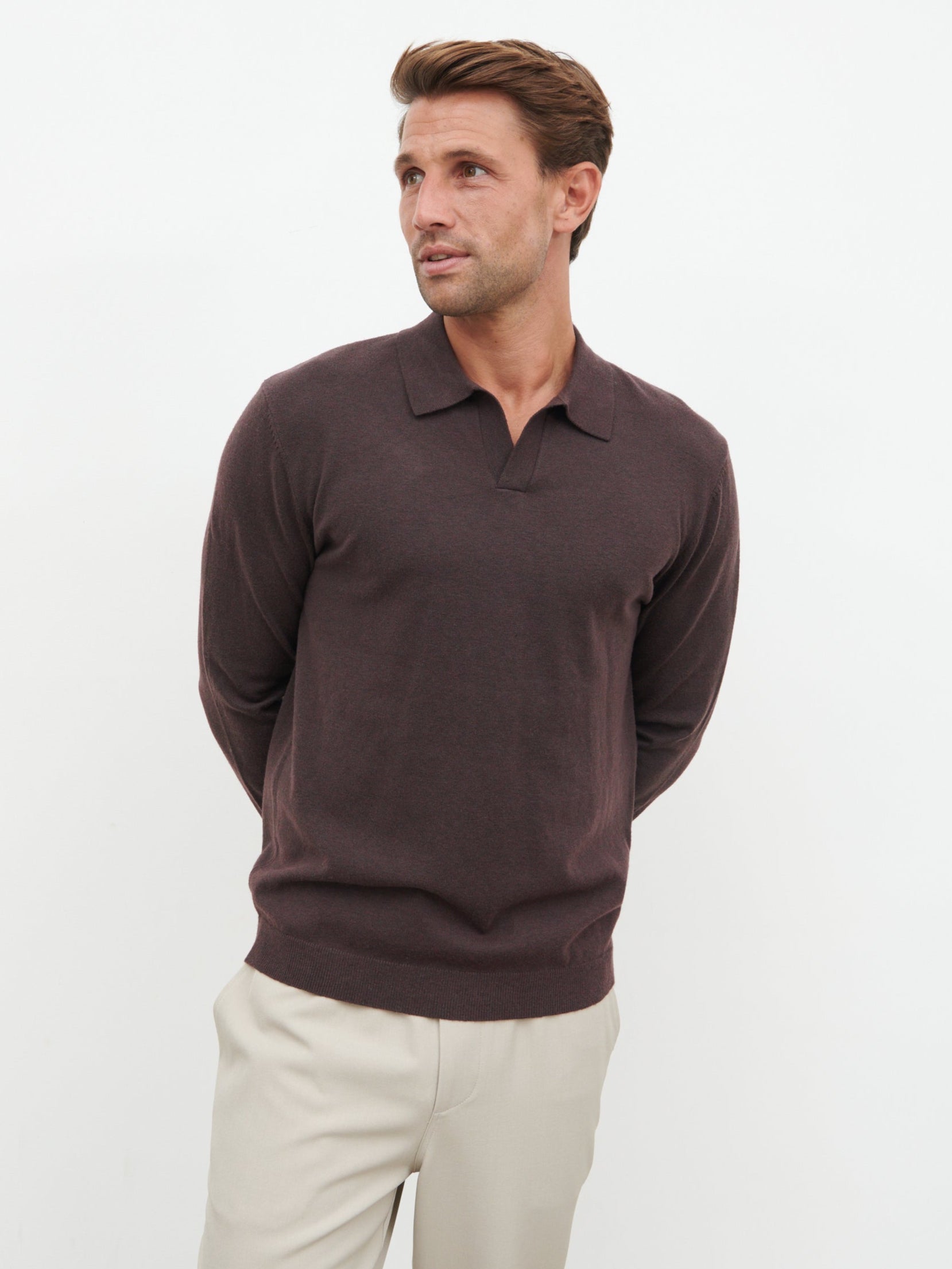 Robin Long Sleeve Lightweight Knit Polo - Chocolate