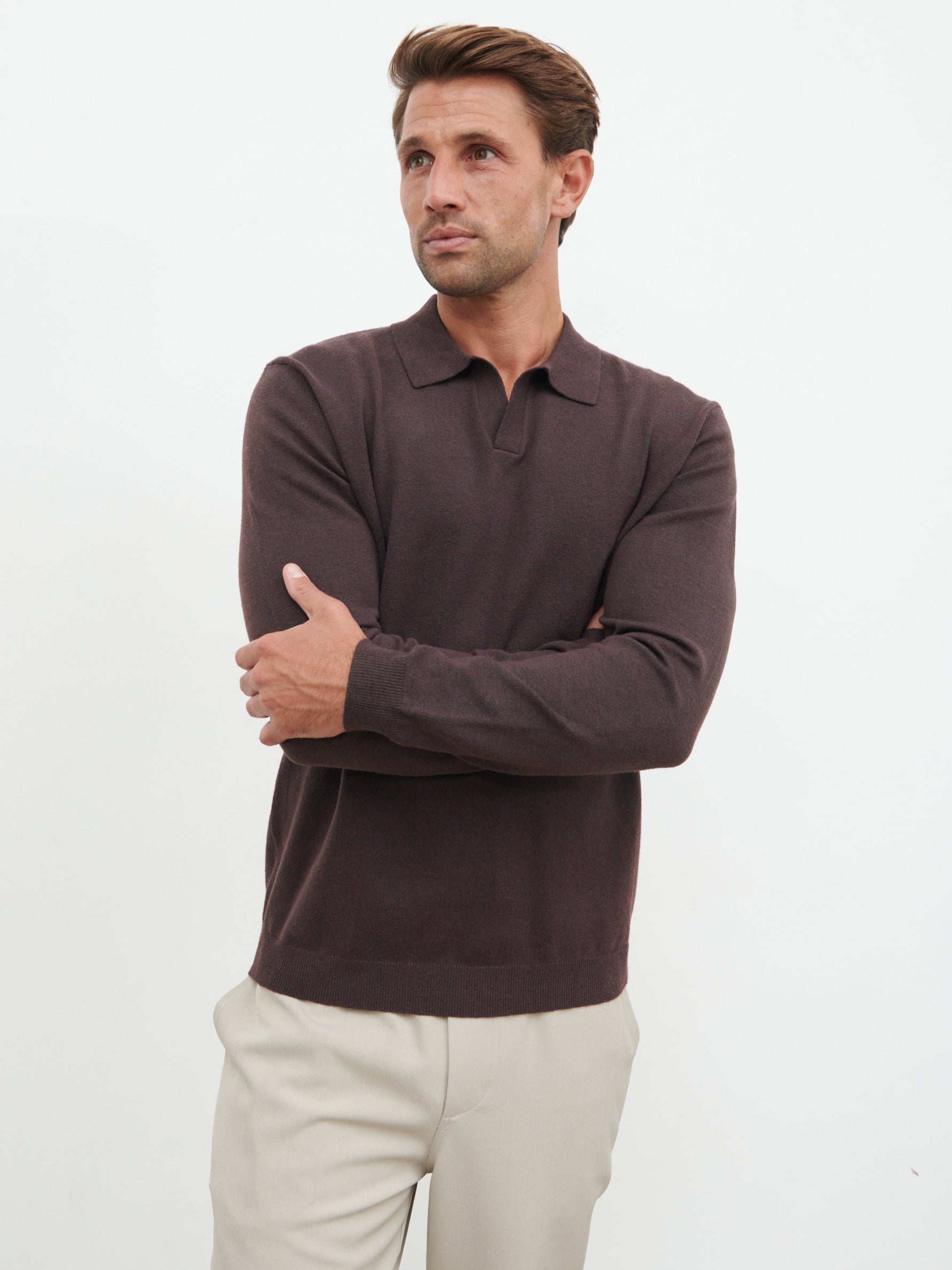 Robin Long Sleeve Lightweight Knit Polo - Chocolate