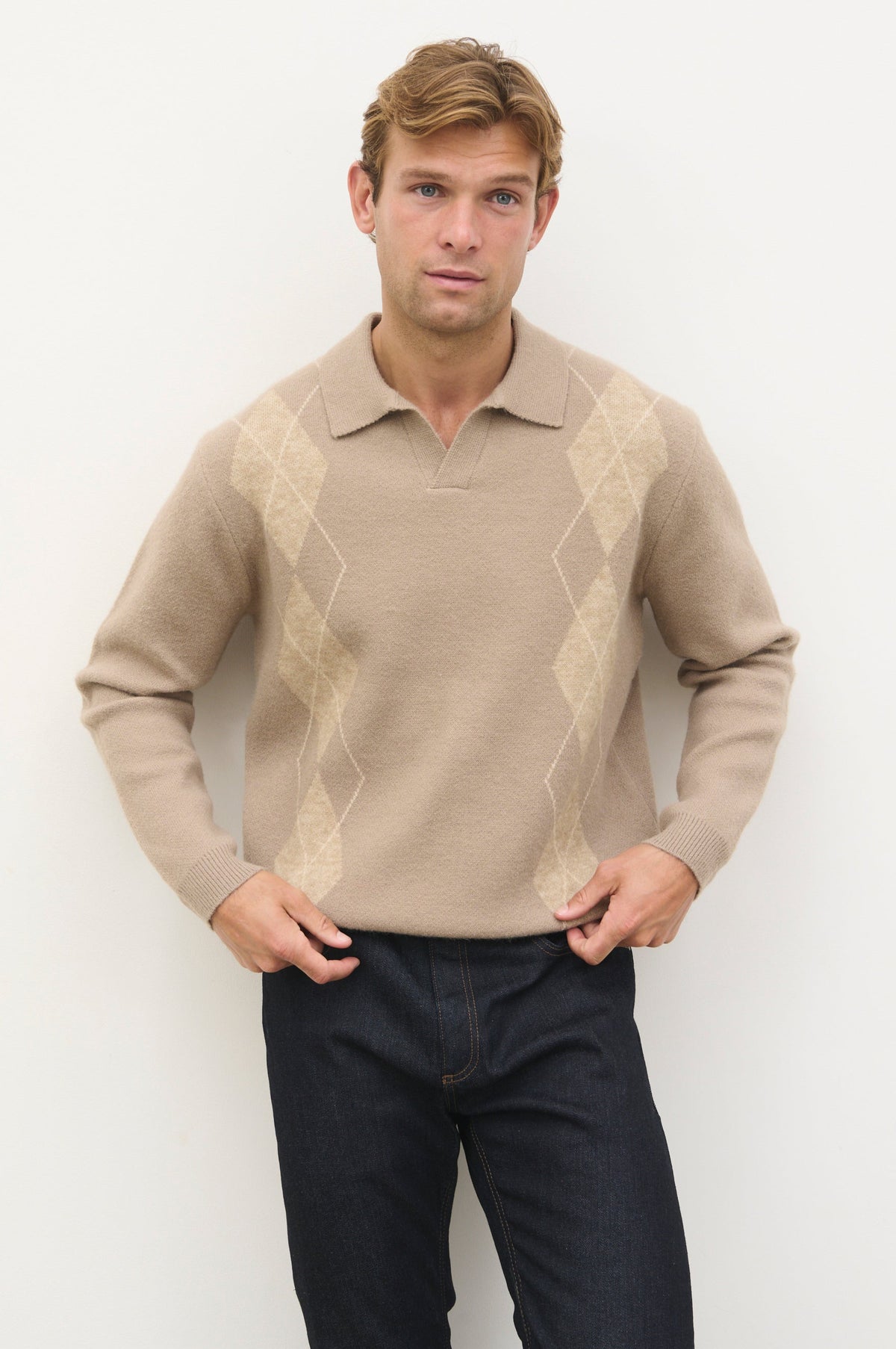 Ryder Argyle Open Collar Knit Polo Beige