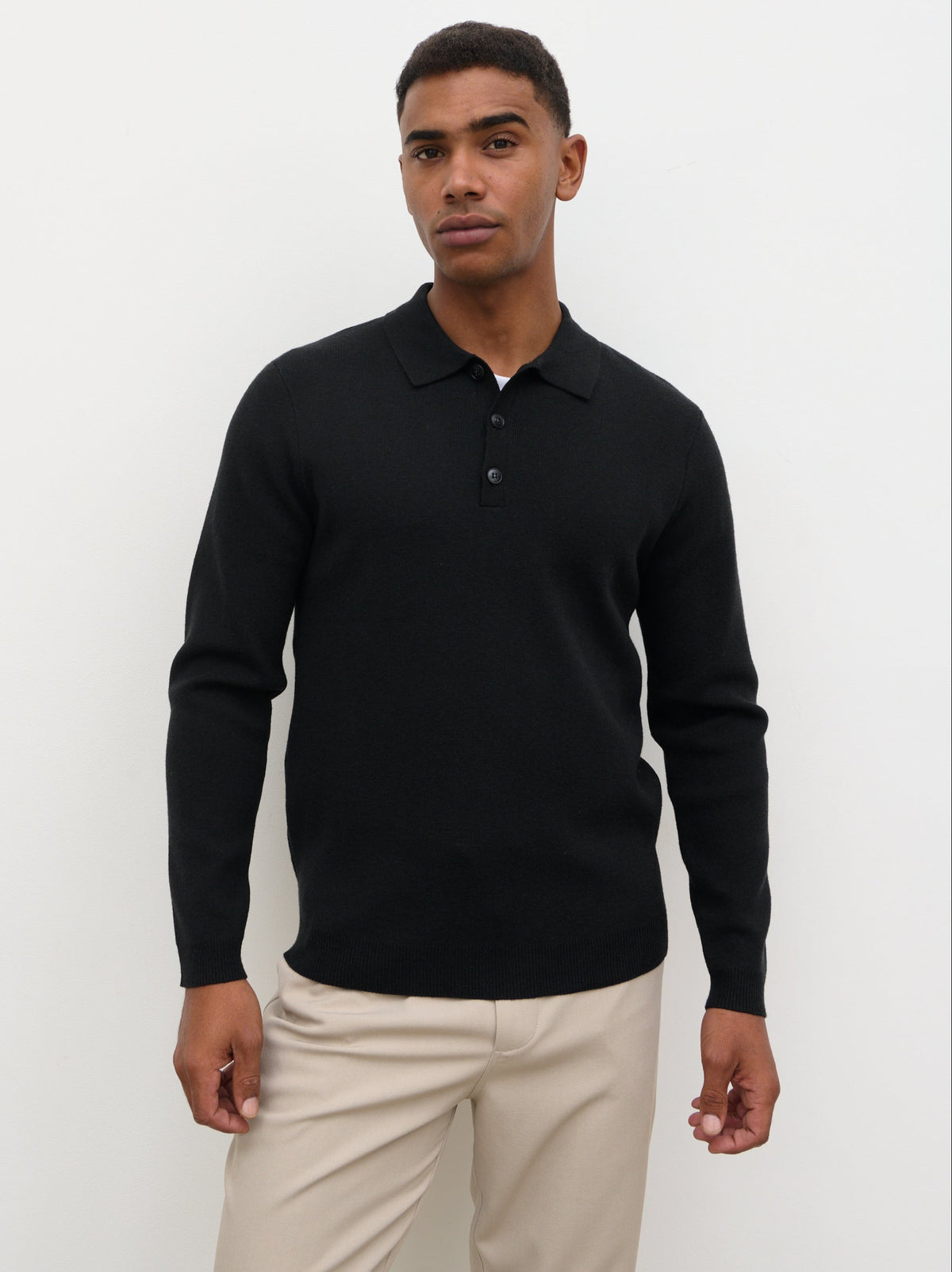 Rylan Button Long Sleeve Knit Polo - Black